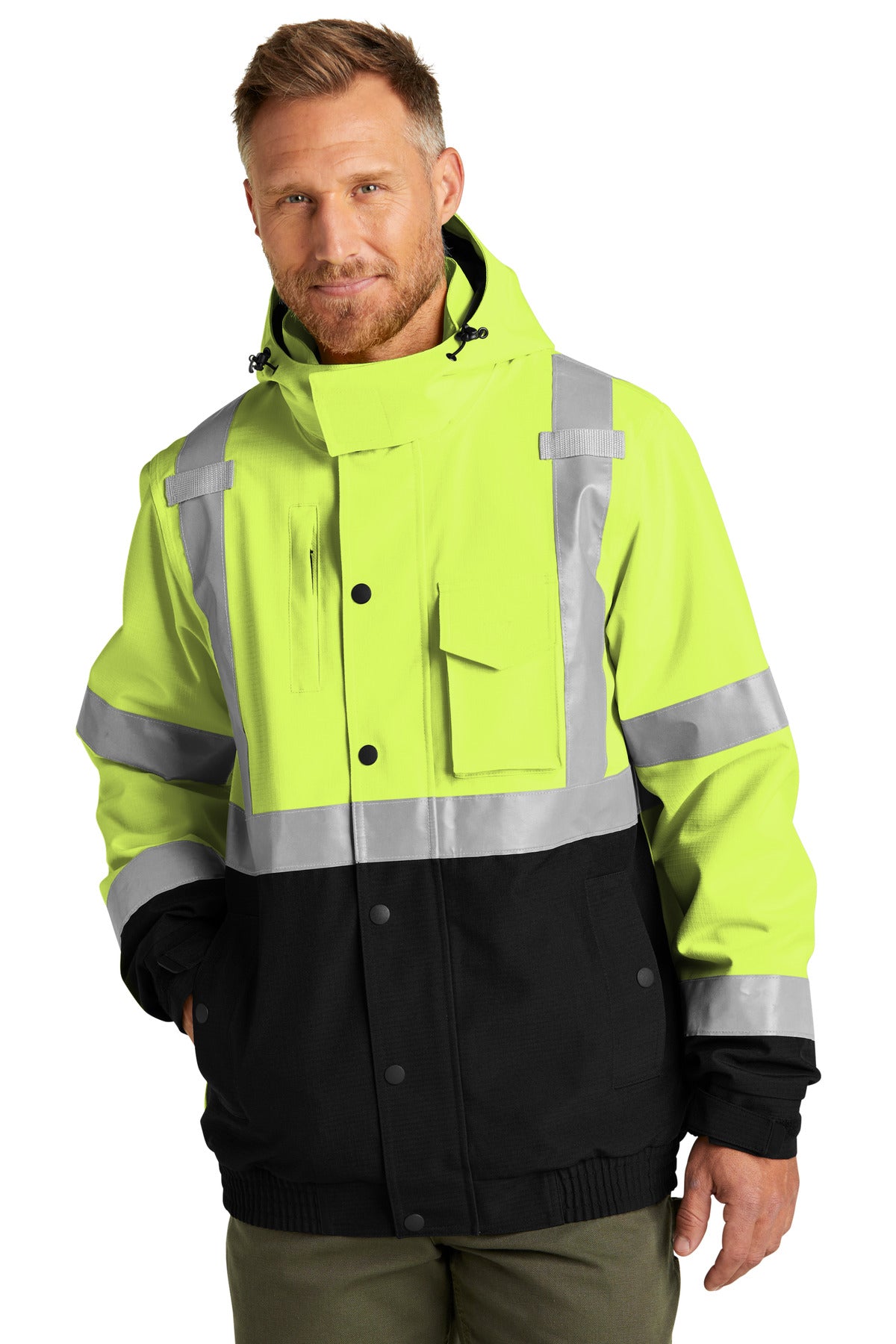 CornerStone ANSI 107 Class 3 Waterproof Insulated Ripstop Bomber Jacket CSJ501 - Safety Yellow - front