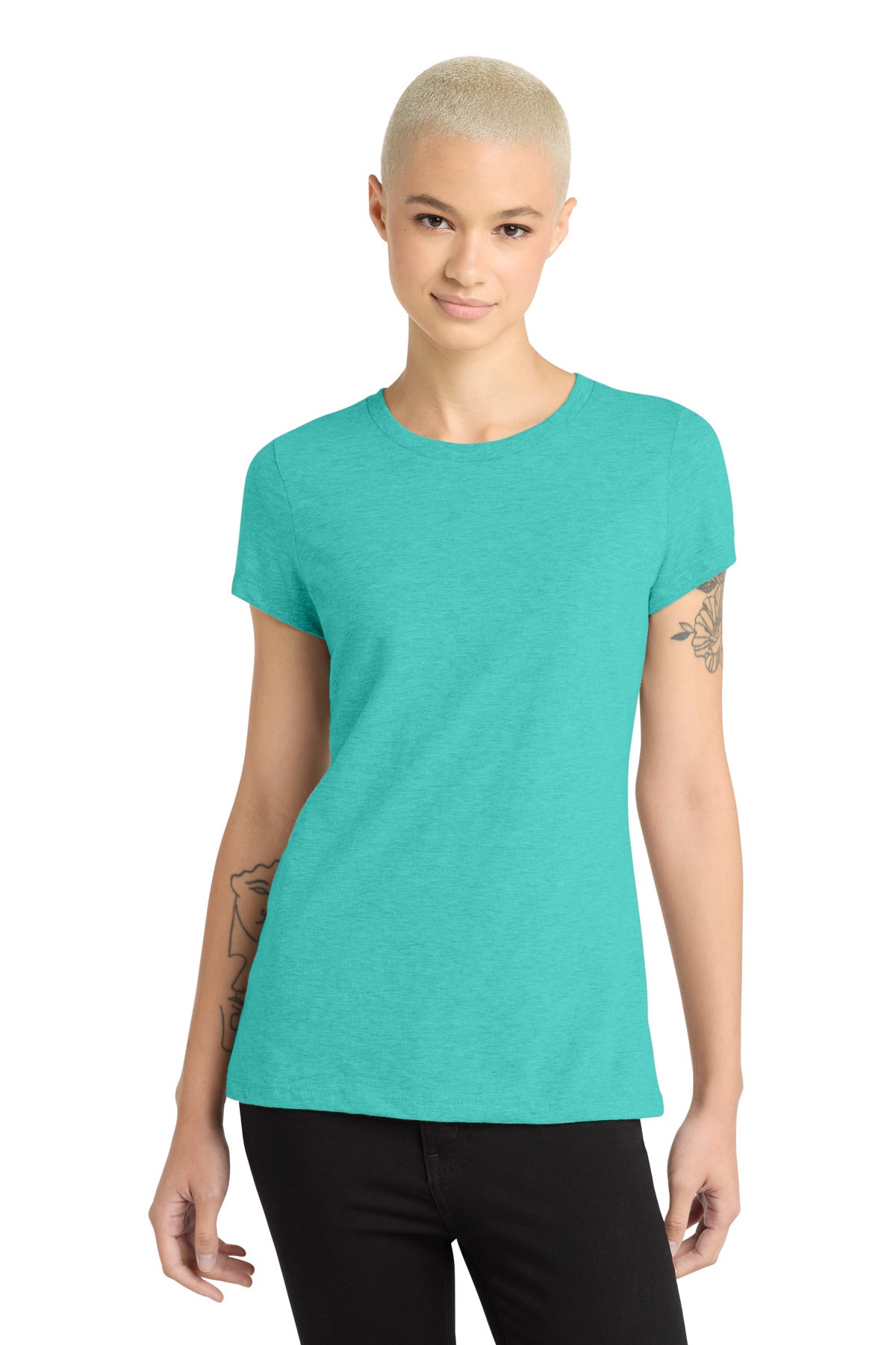 District Women's Perfect Blend CVC Tee. DM108L - Aqua Heather - front