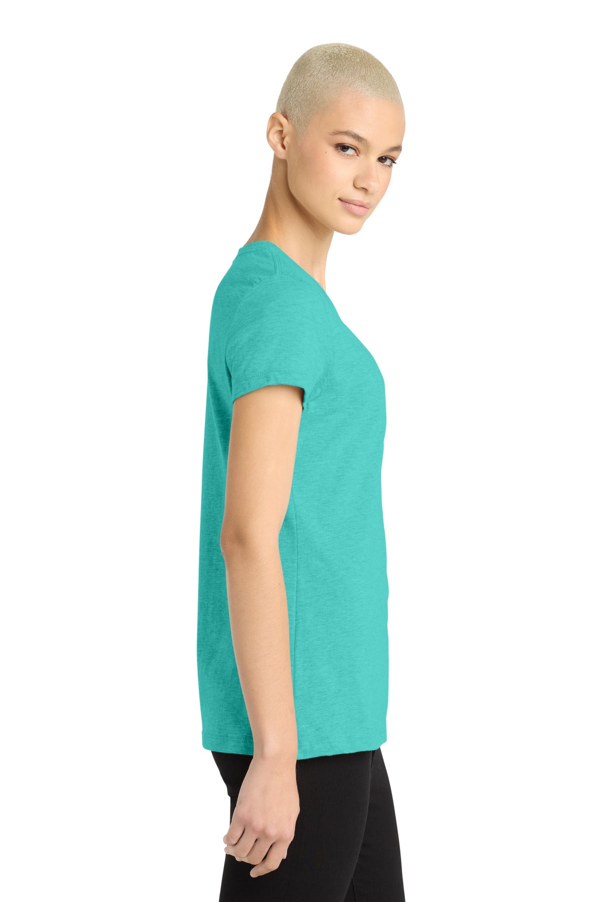 District Women's Perfect Blend CVC Tee. DM108L - Aqua Heather - side