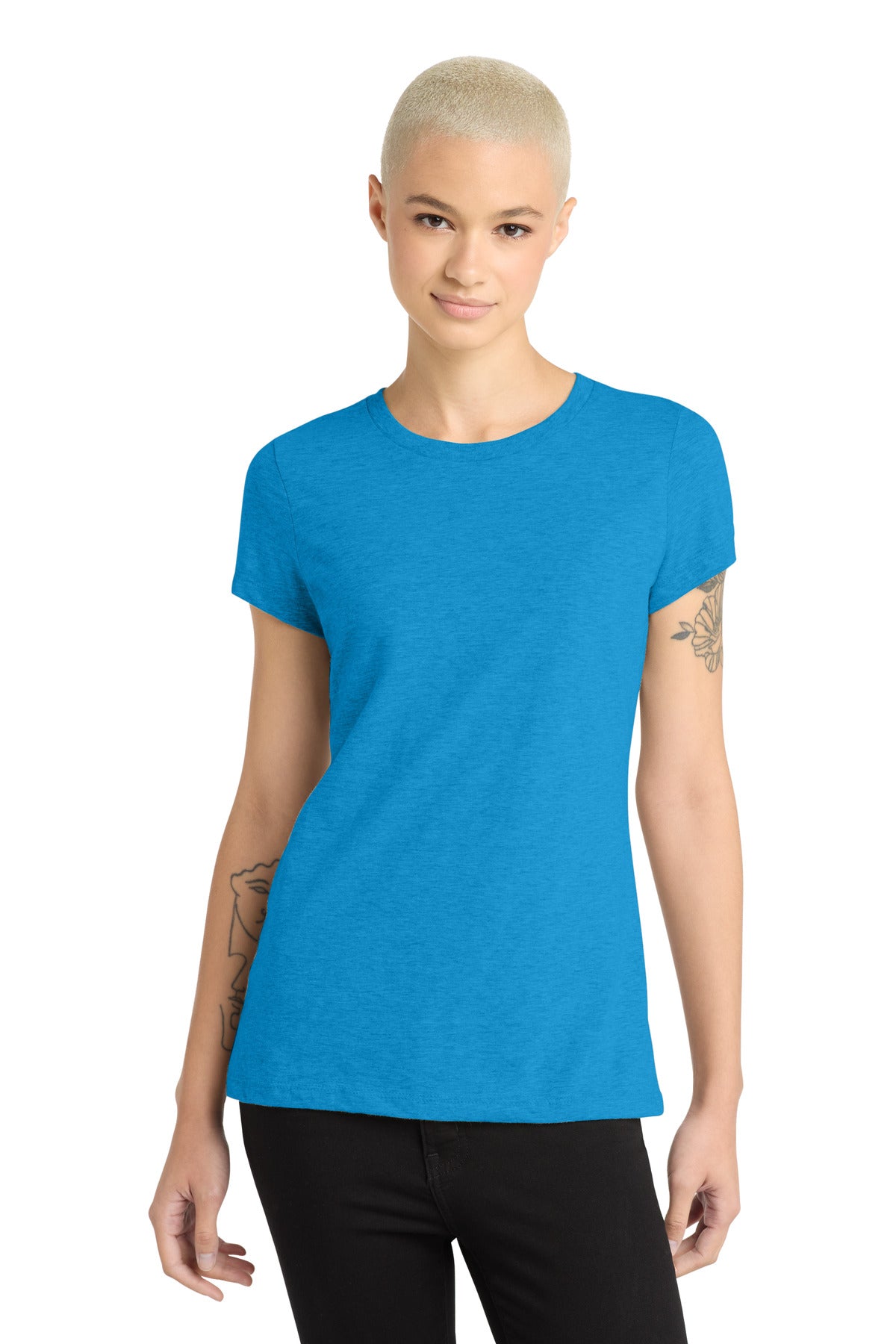 District Women's Perfect Blend CVC Tee. DM108L - Heathered Bright Turquoise - front