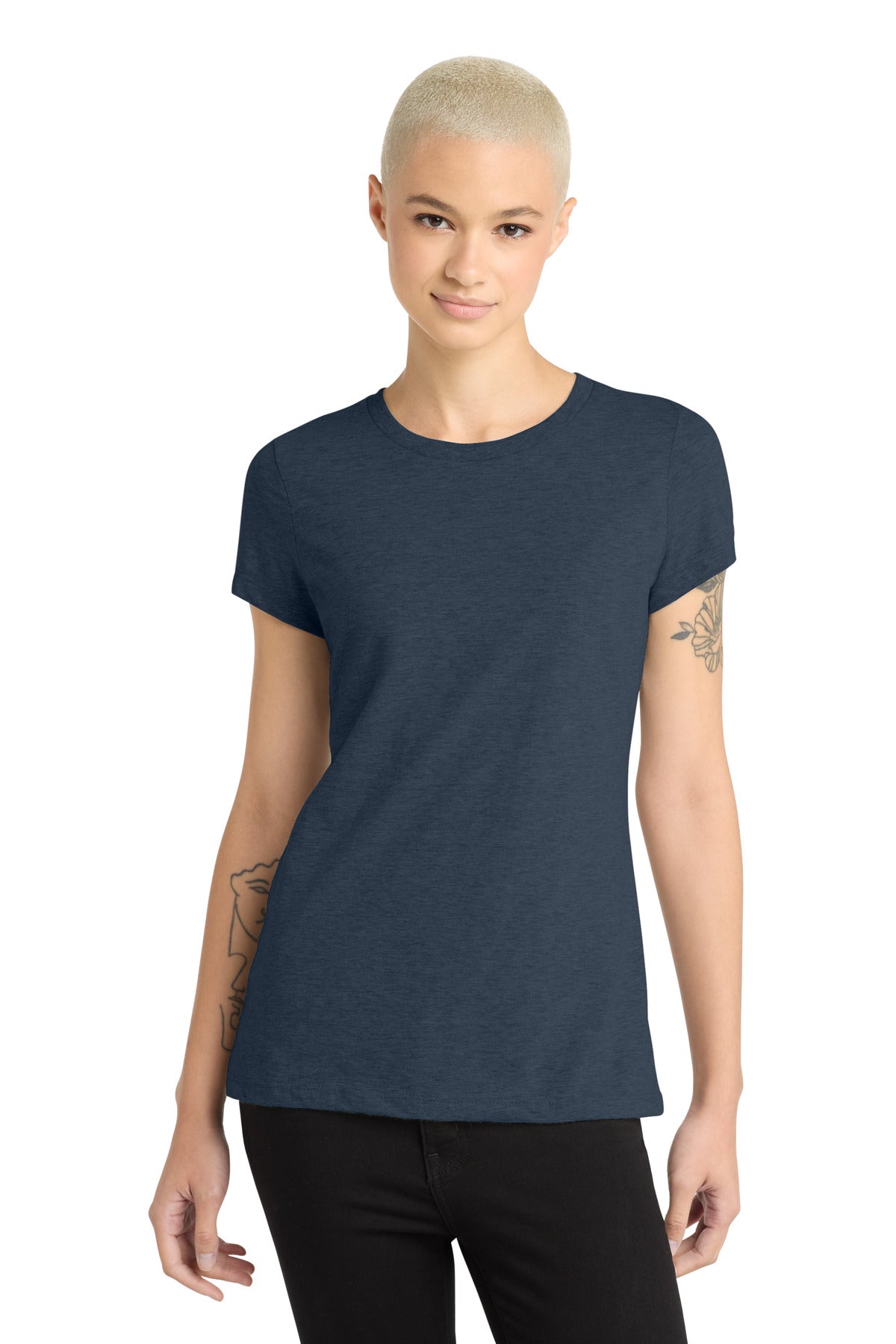 District Women's Perfect Blend CVC Tee. DM108L - Heathered Navy - front
