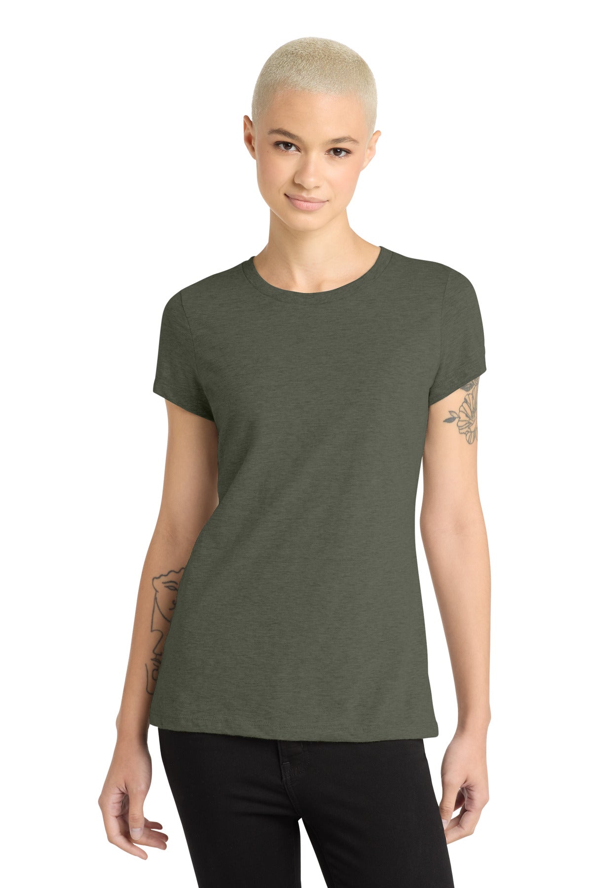 District Women's Perfect Blend CVC Tee. DM108L - Heathered Olive - front