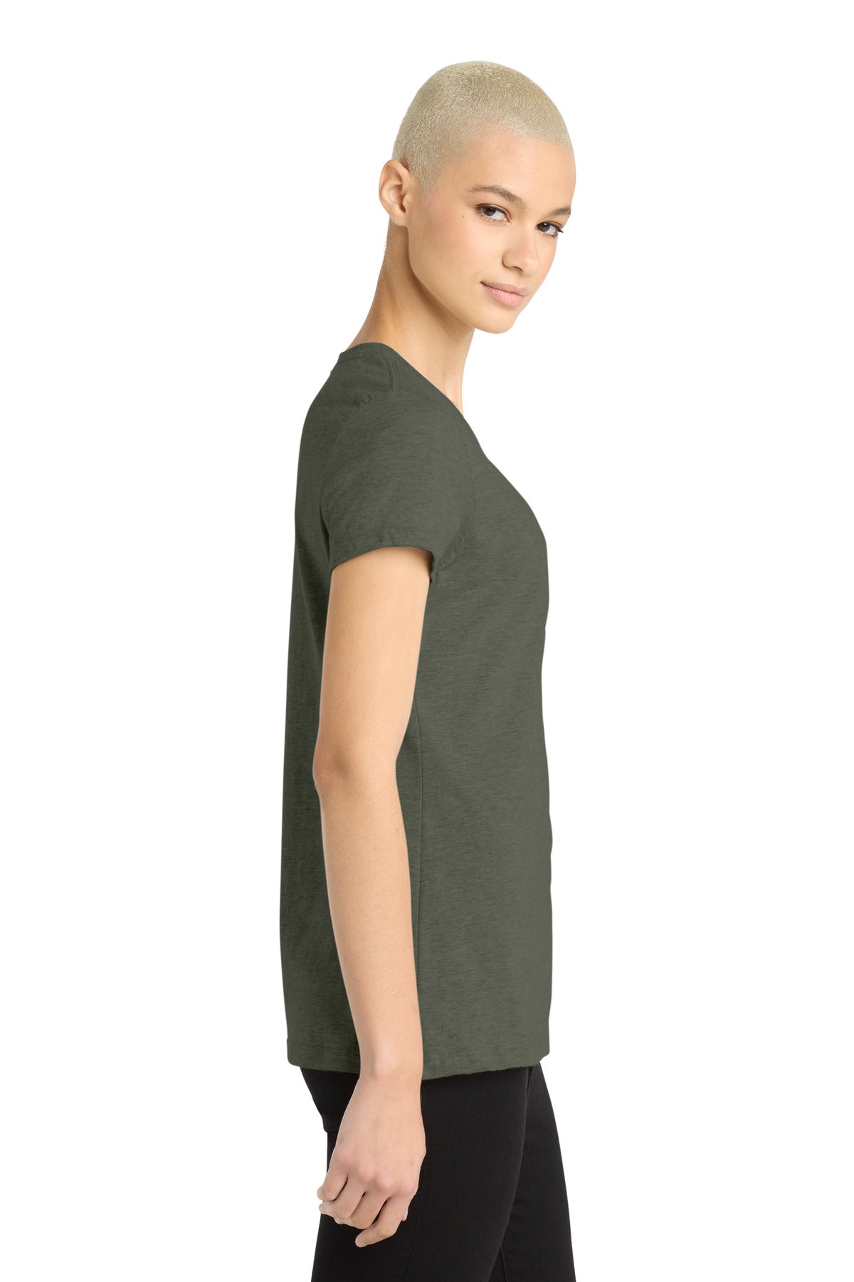District Women's Perfect Blend CVC Tee. DM108L - Heathered Olive - side