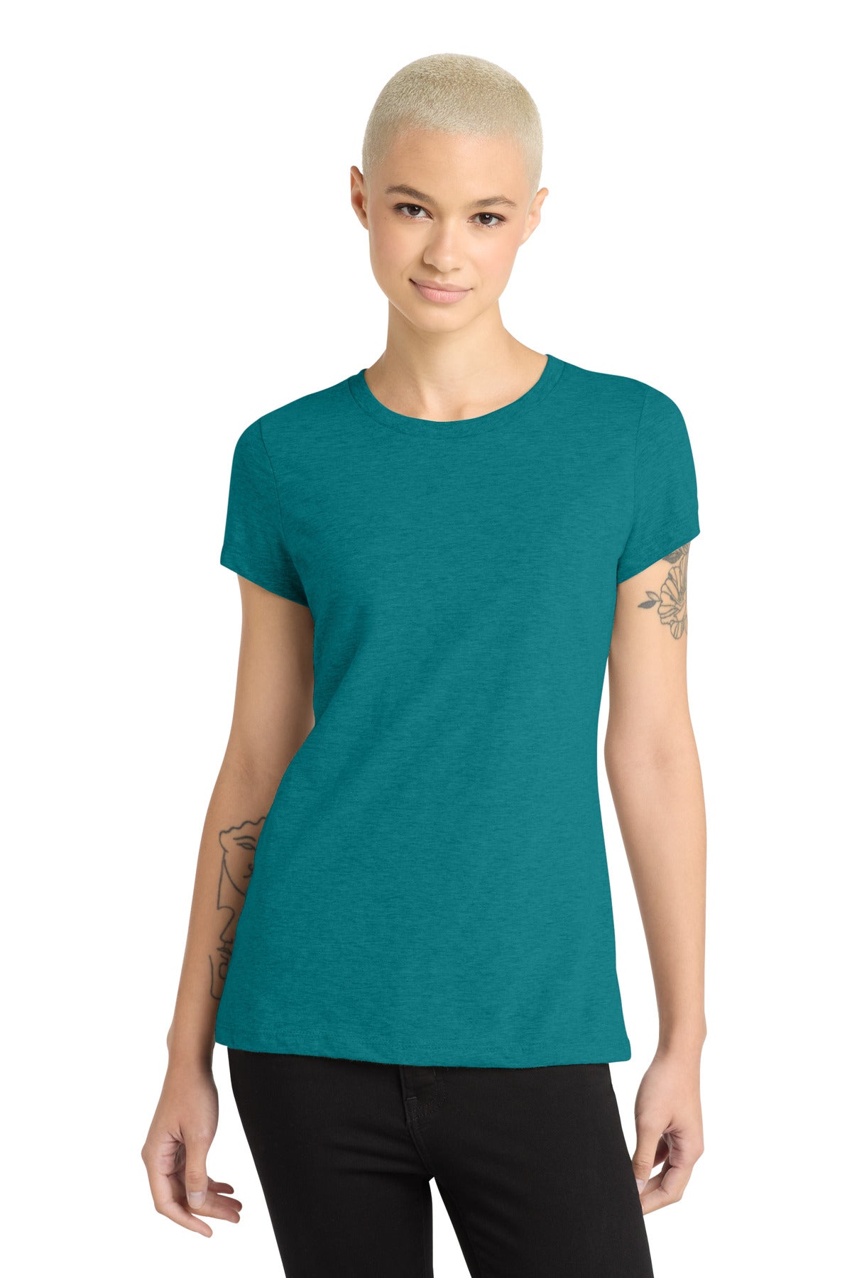 District Women's Perfect Blend CVC Tee. DM108L - Heathered Teal - front