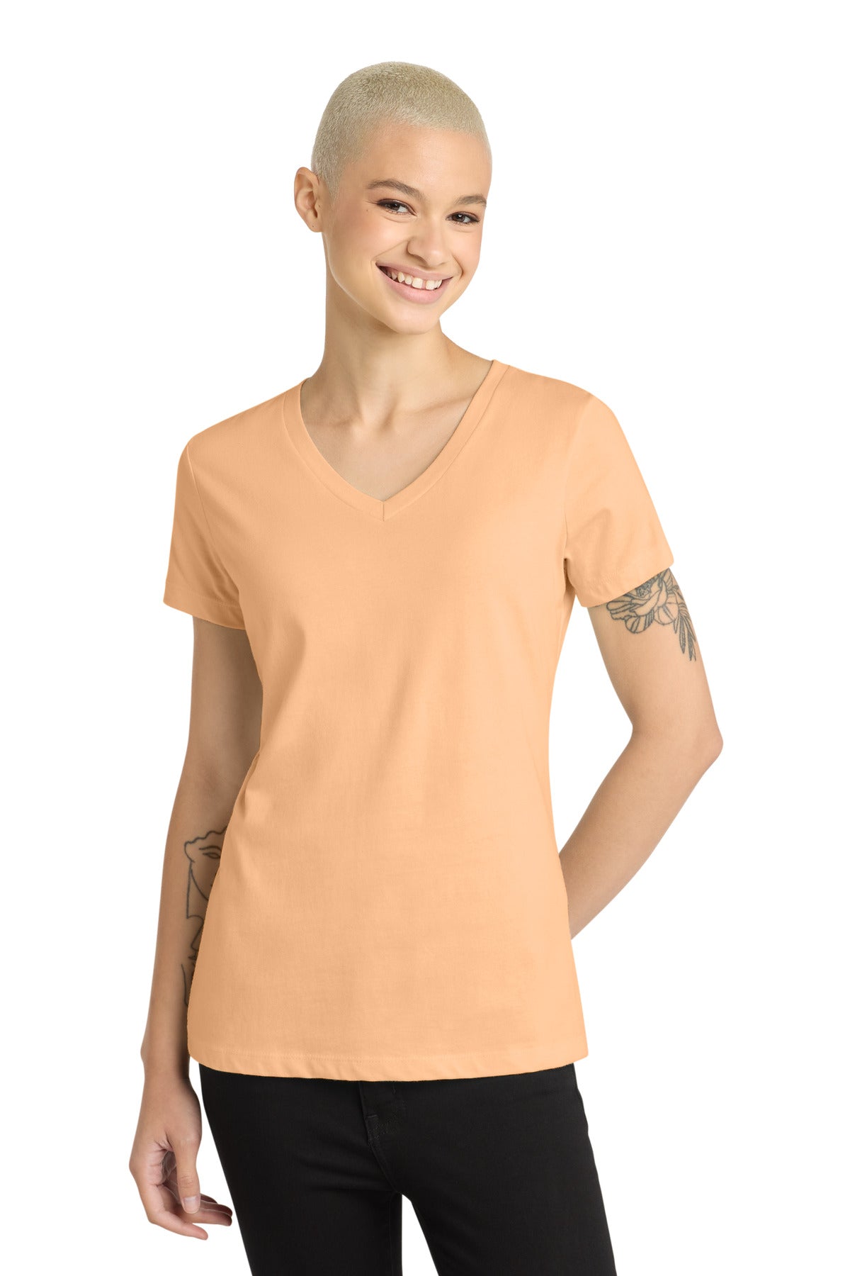 District - Women's Perfect Weight V-Neck Tee. DM1170L - Apricot - front