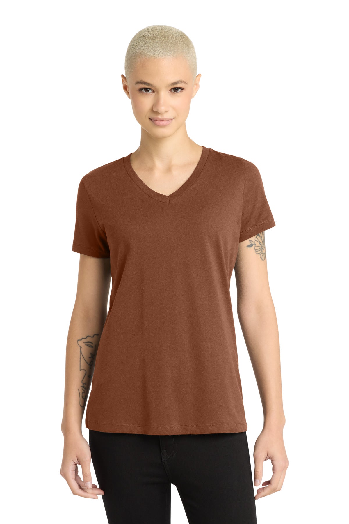 District - Women's Perfect Weight V-Neck Tee. DM1170L - Baked Clay - front