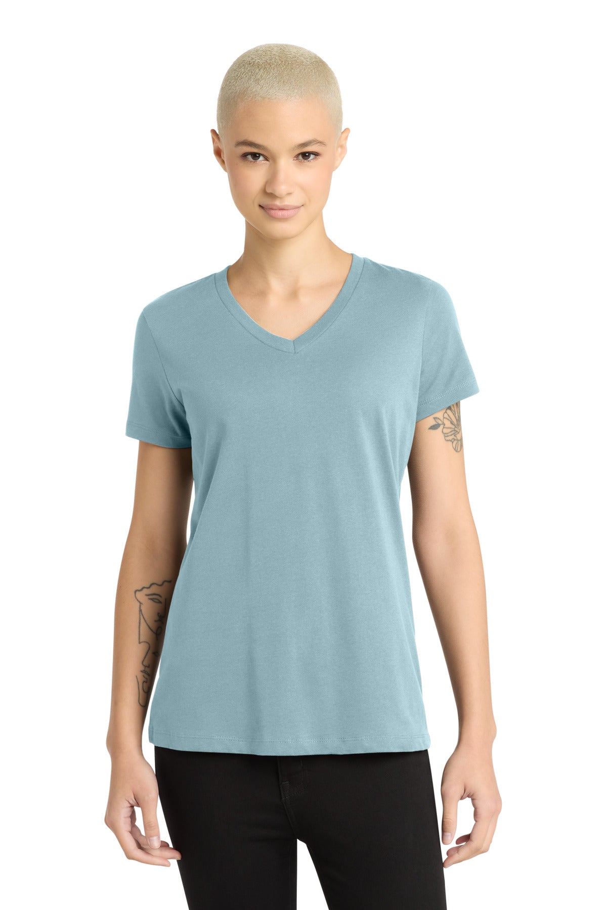 District - Women's Perfect Weight V-Neck Tee. DM1170L - Blue Fog - front