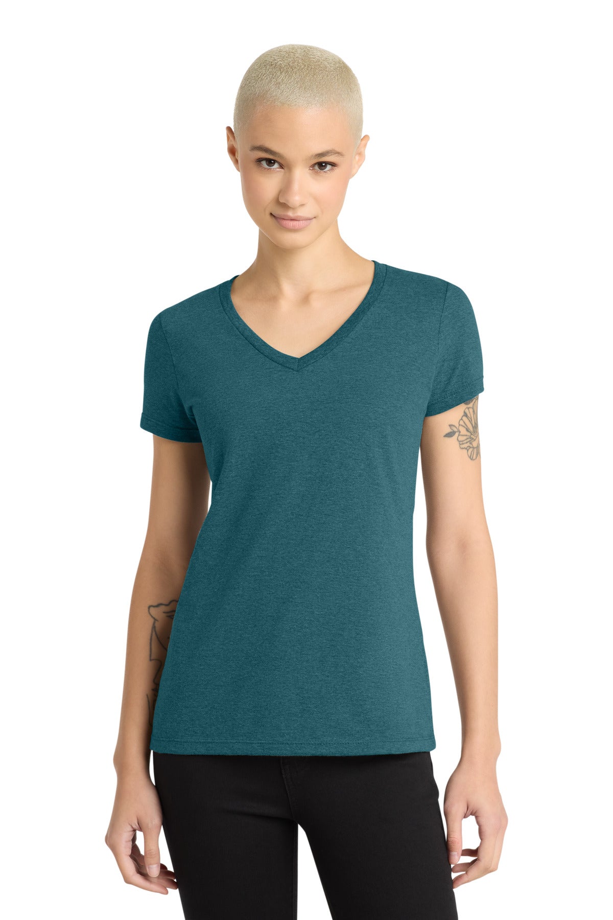 District - Women's Perfect Weight V-Neck Tee. DM1170L - Caribbean Blue Heather - front