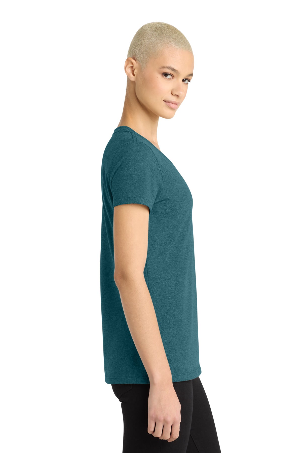 District - Women's Perfect Weight V-Neck Tee. DM1170L - Caribbean Blue Heather - side