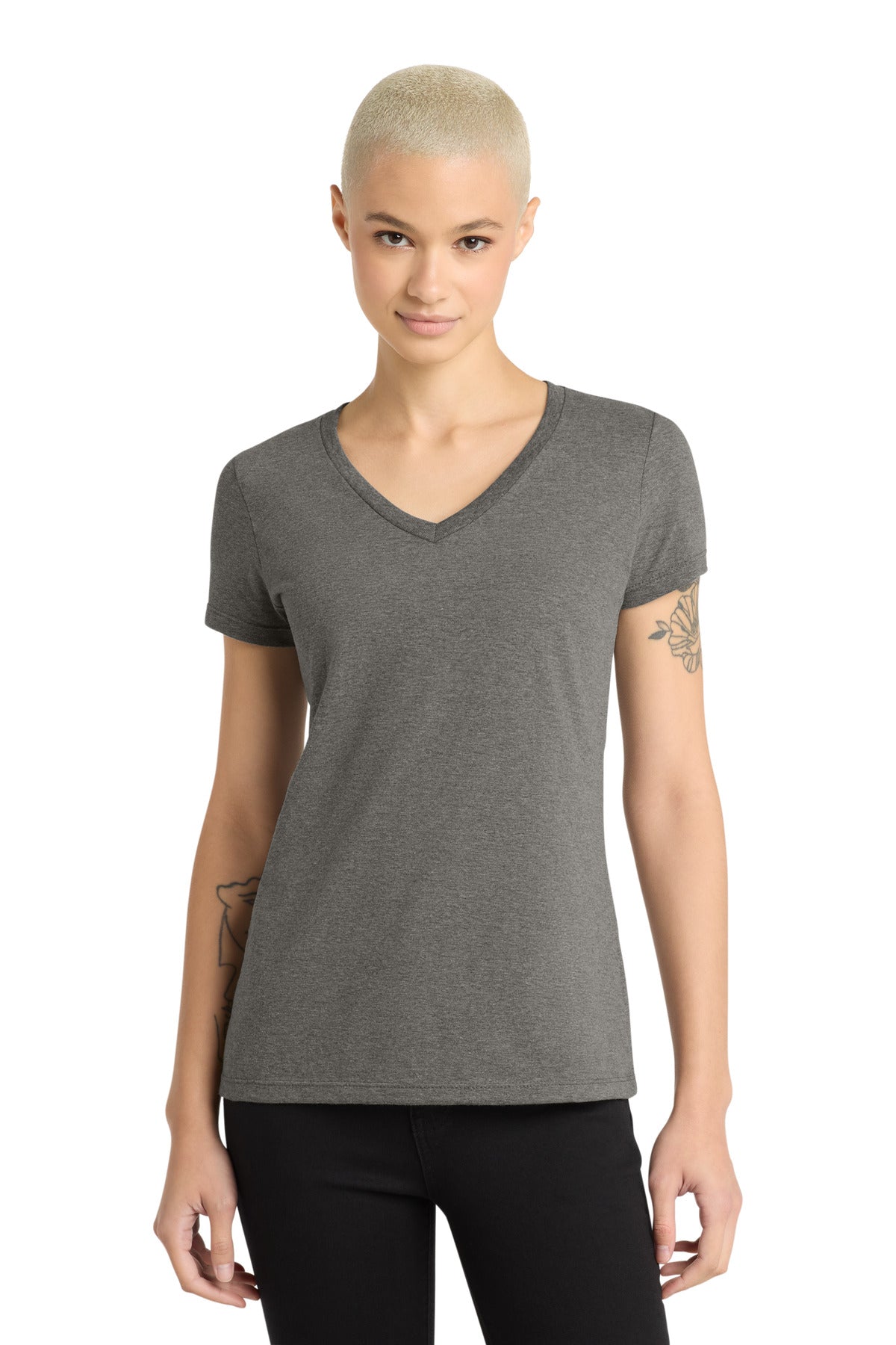 District - Women's Perfect Weight V-Neck Tee. DM1170L - Heathered Charcoal - front