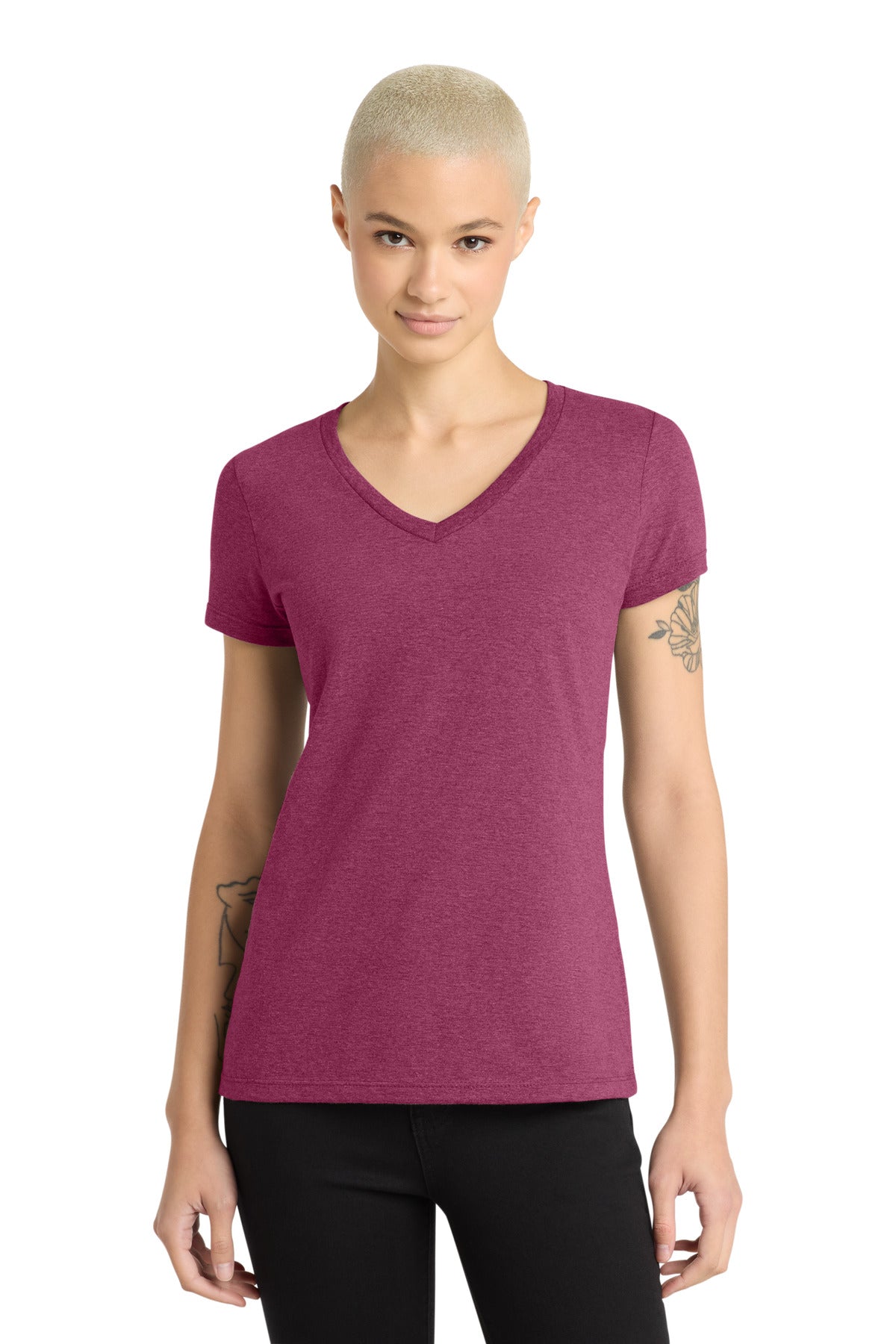 District - Women's Perfect Weight V-Neck Tee. DM1170L - Heathered Loganberry - front