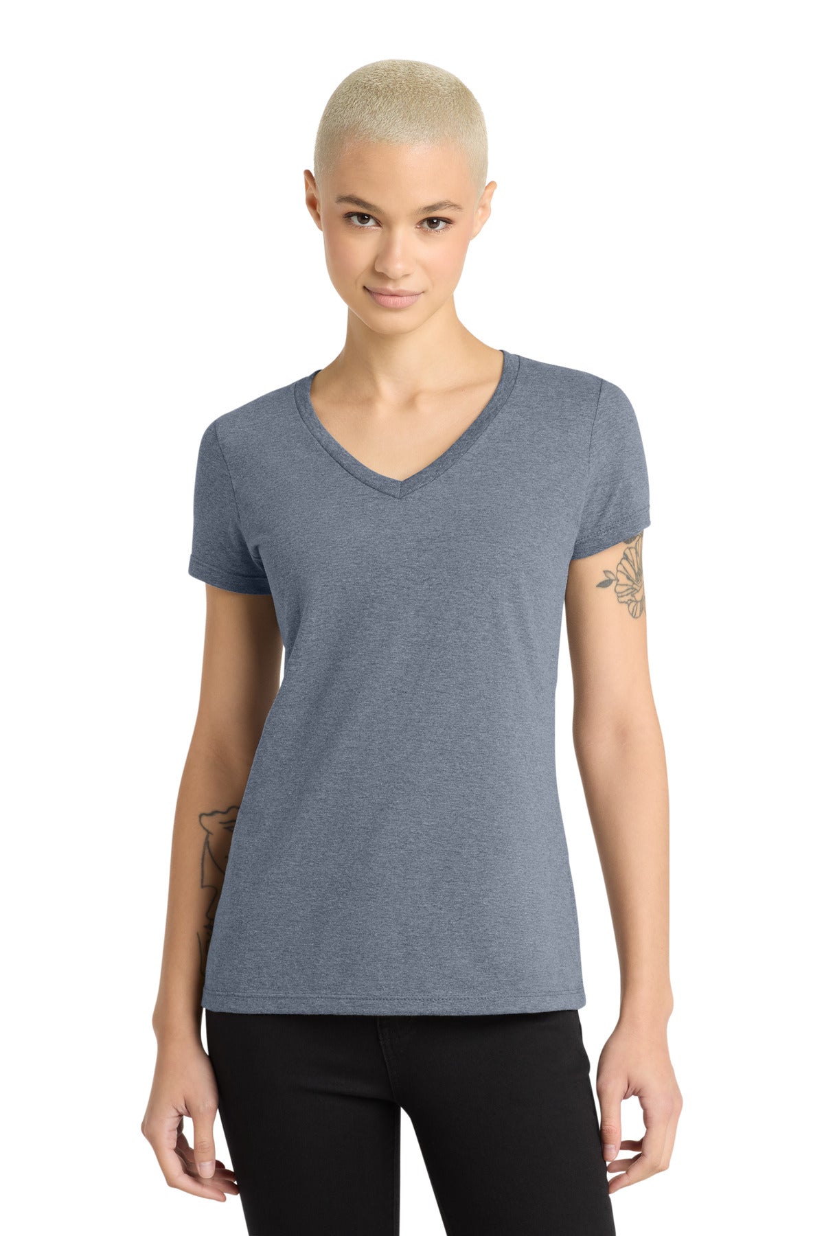 District - Women's Perfect Weight V-Neck Tee. DM1170L - Heathered Navy - front