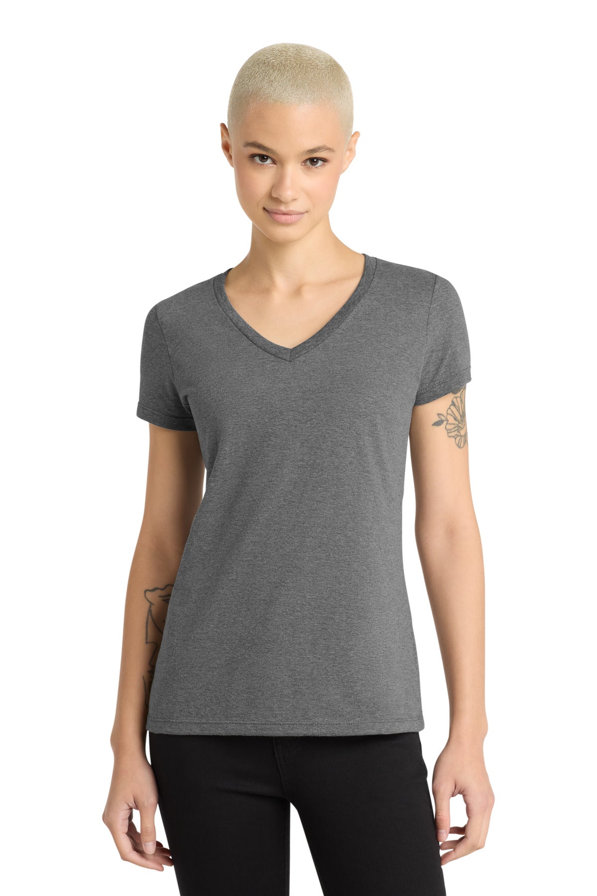 District - Women's Perfect Weight V-Neck Tee. DM1170L - Heathered Nickel - front