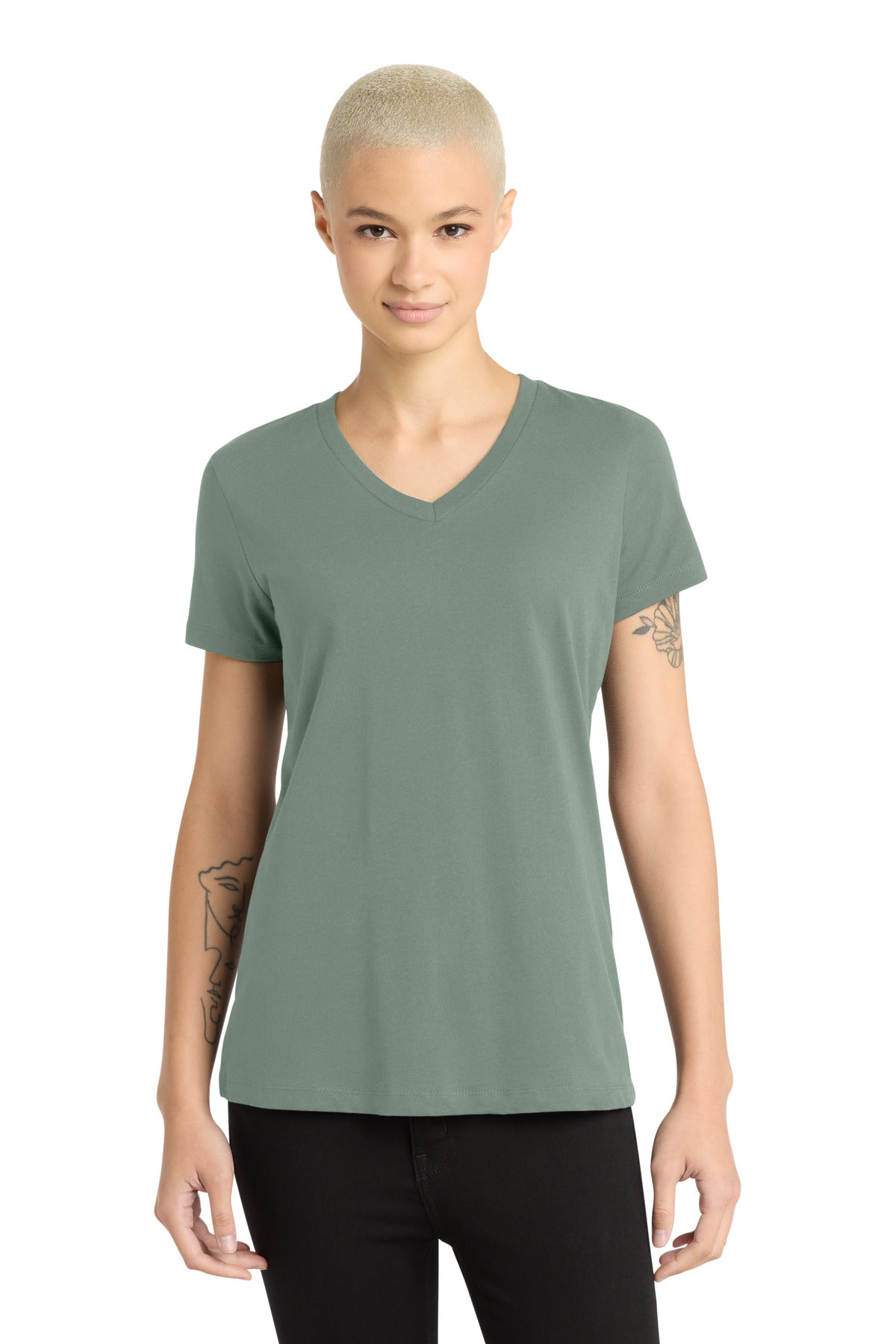 District - Women's Perfect Weight V-Neck Tee. DM1170L - Laurel Green - front