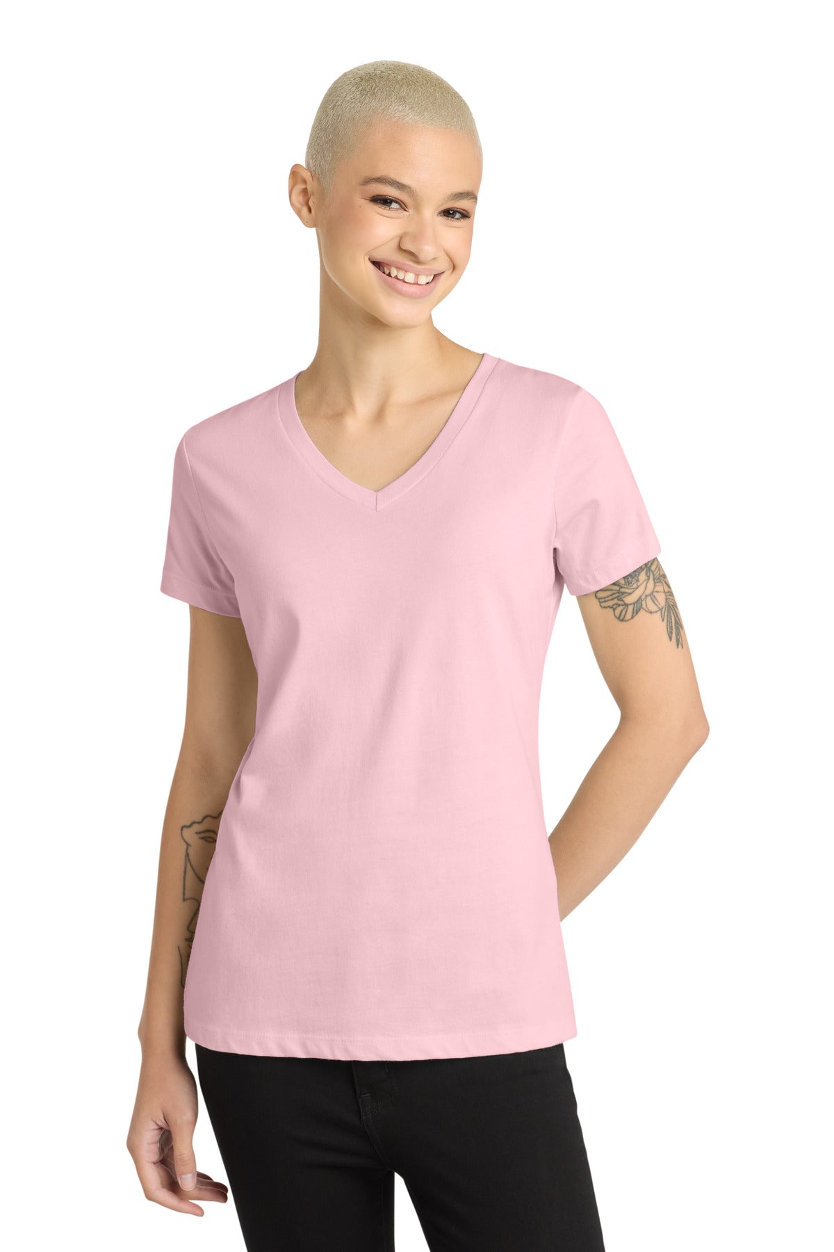 District - Women's Perfect Weight V-Neck Tee. DM1170L - Light Pink - front