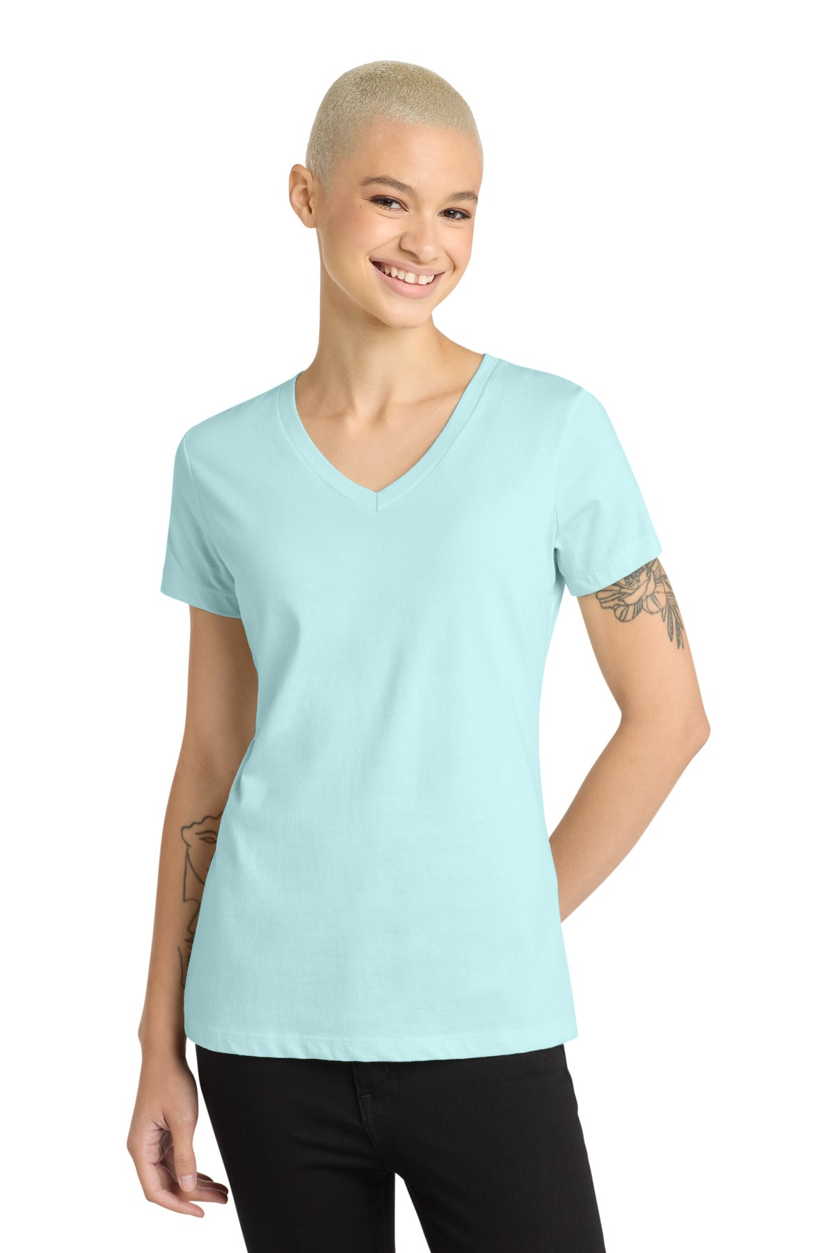District - Women's Perfect Weight V-Neck Tee. DM1170L - Seaglass Blue - front