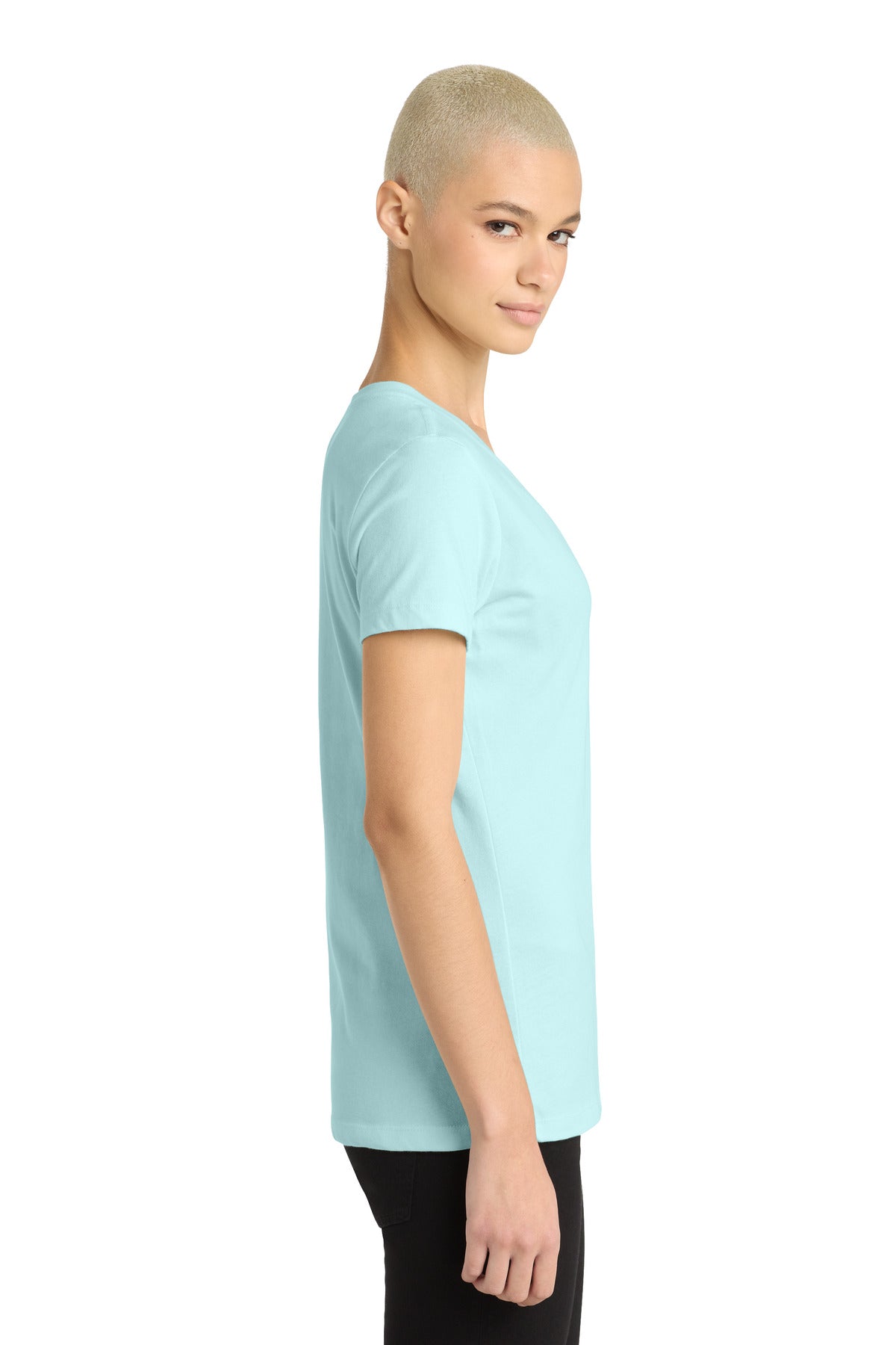 District - Women's Perfect Weight V-Neck Tee. DM1170L - Seaglass Blue - side