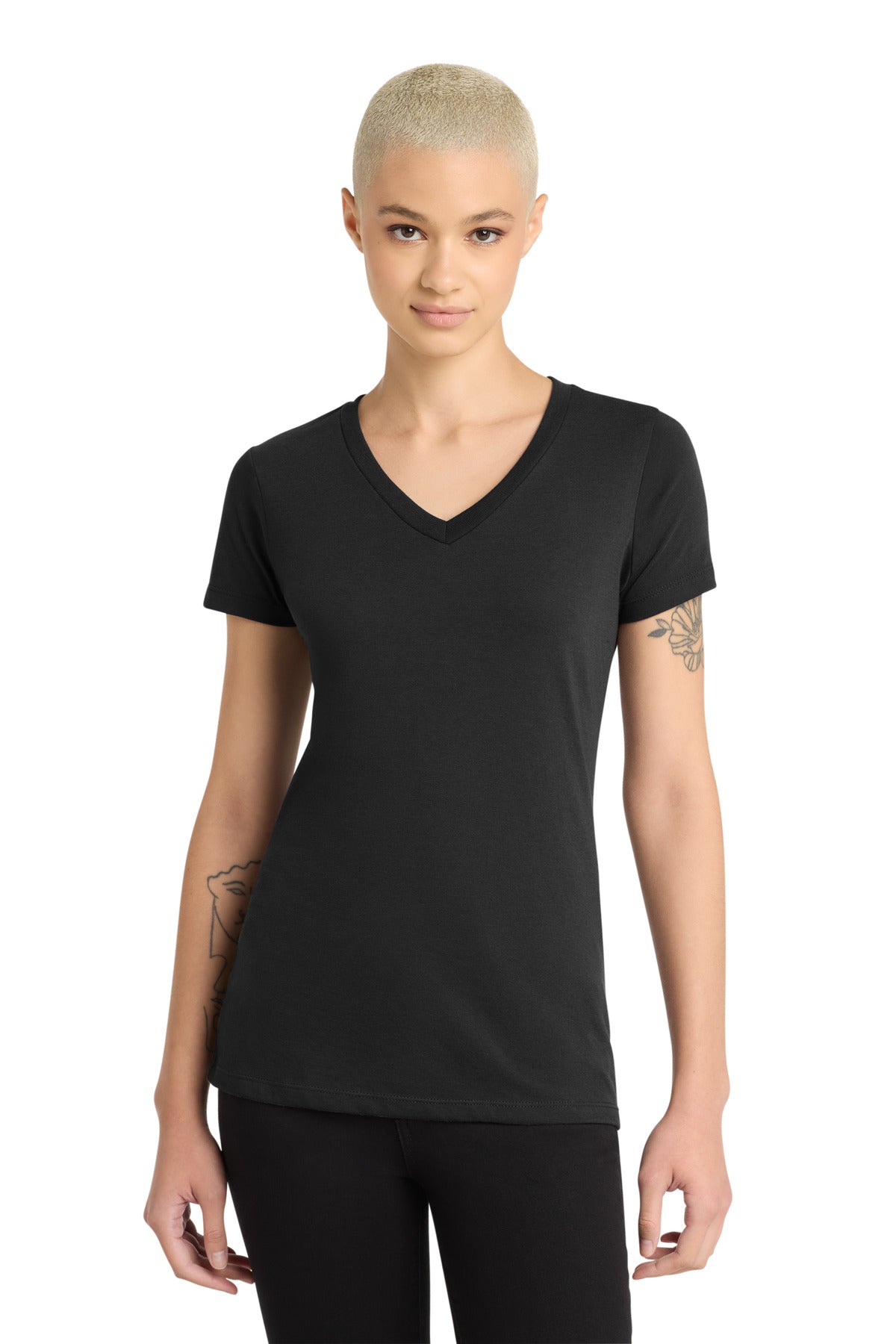 District Women's Perfect Blend CVC V-Neck Tee. DM1190L - Black - front