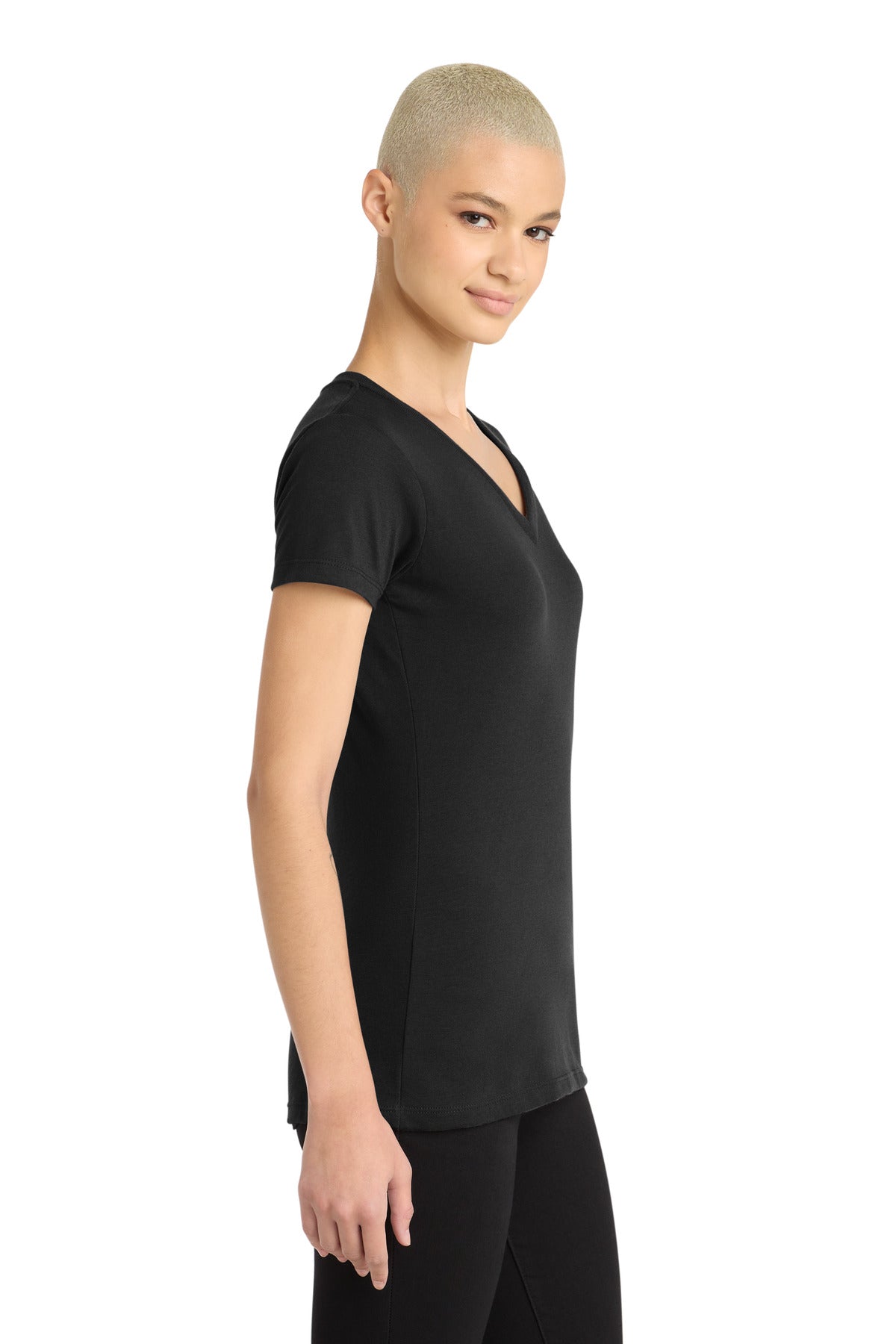 District Women's Perfect Blend CVC V-Neck Tee. DM1190L - Black - side