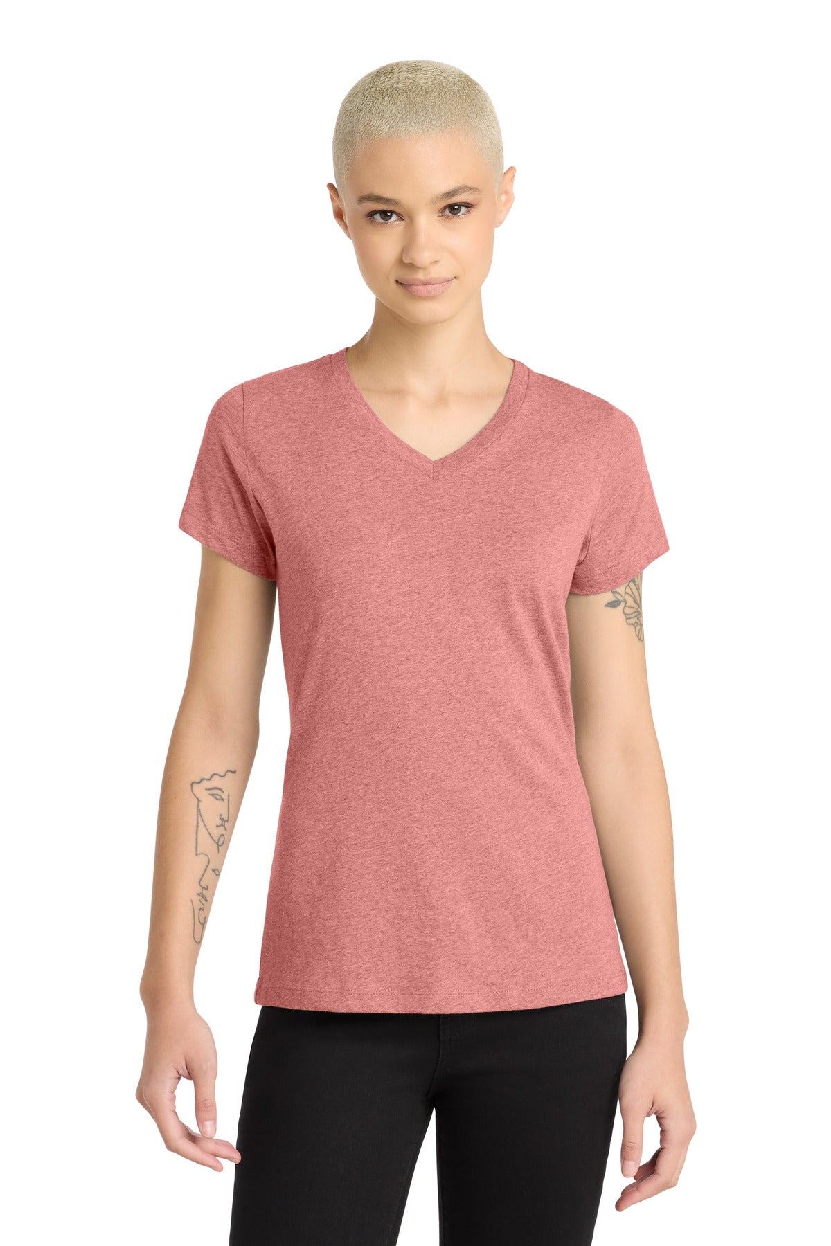 District Women's Perfect Blend CVC V-Neck Tee. DM1190L - Blush Frost - front