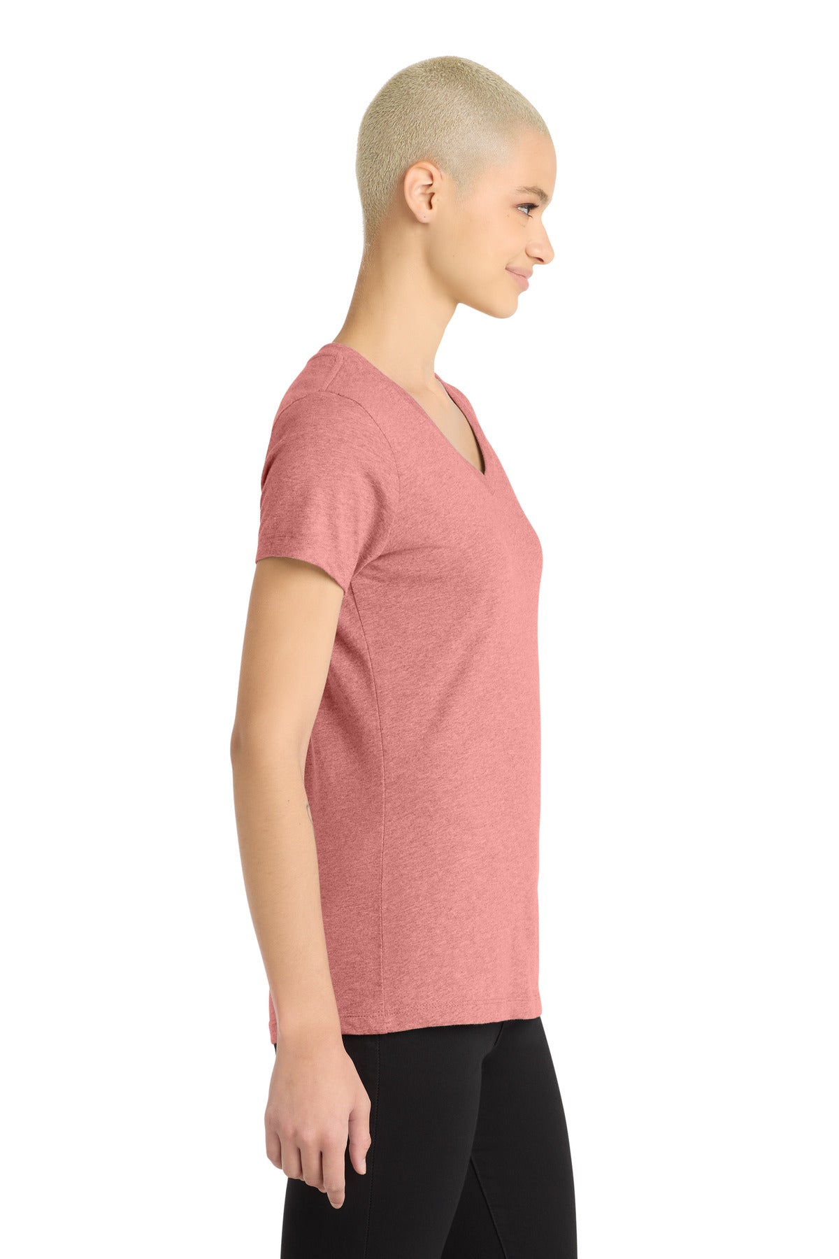District Women's Perfect Blend CVC V-Neck Tee. DM1190L - Blush Frost - side