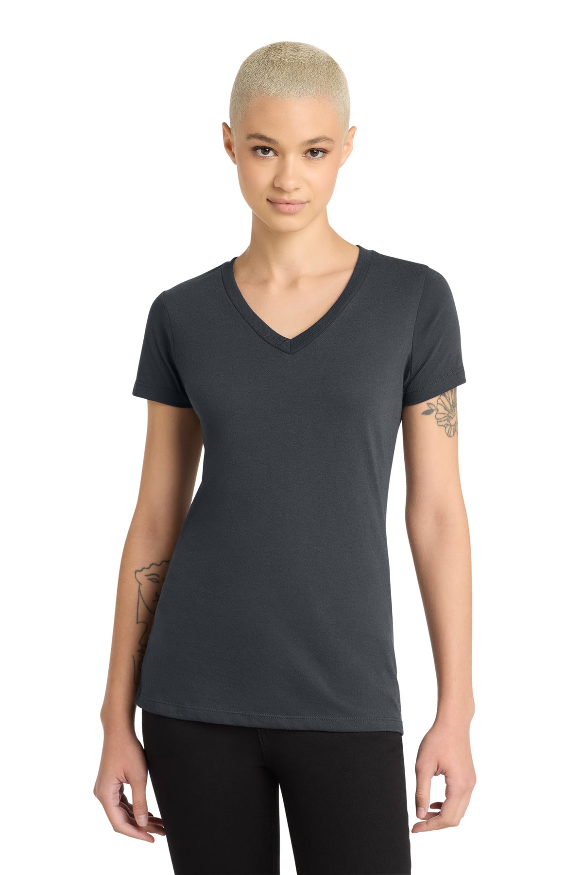 District Women's Perfect Blend CVC V-Neck Tee. DM1190L - Charcoal - front