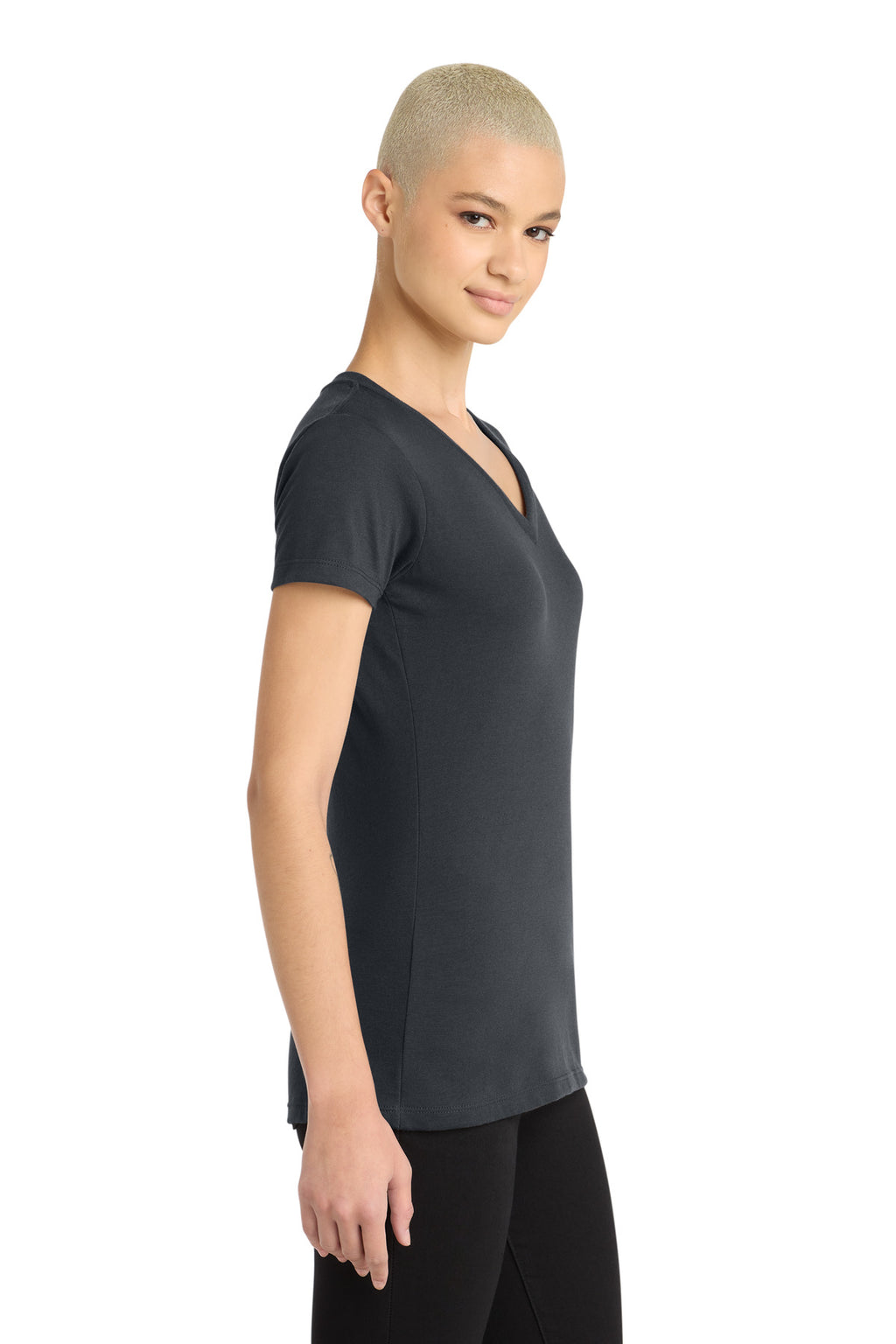 District Women's Perfect Blend CVC V-Neck Tee. DM1190L - Charcoal - side