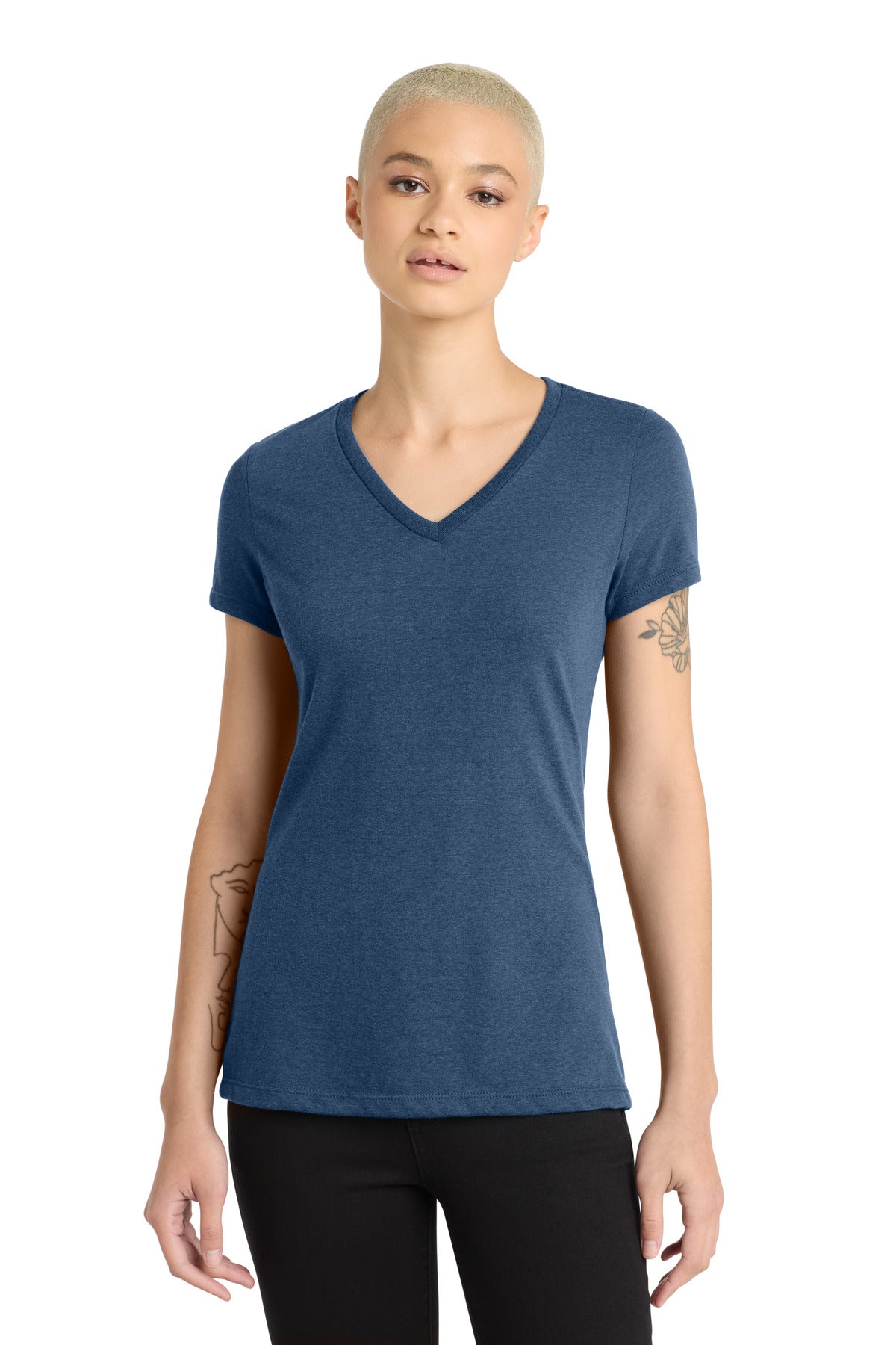 District Women's Perfect Blend CVC V-Neck Tee. DM1190L - Deep Royal Fleck - front