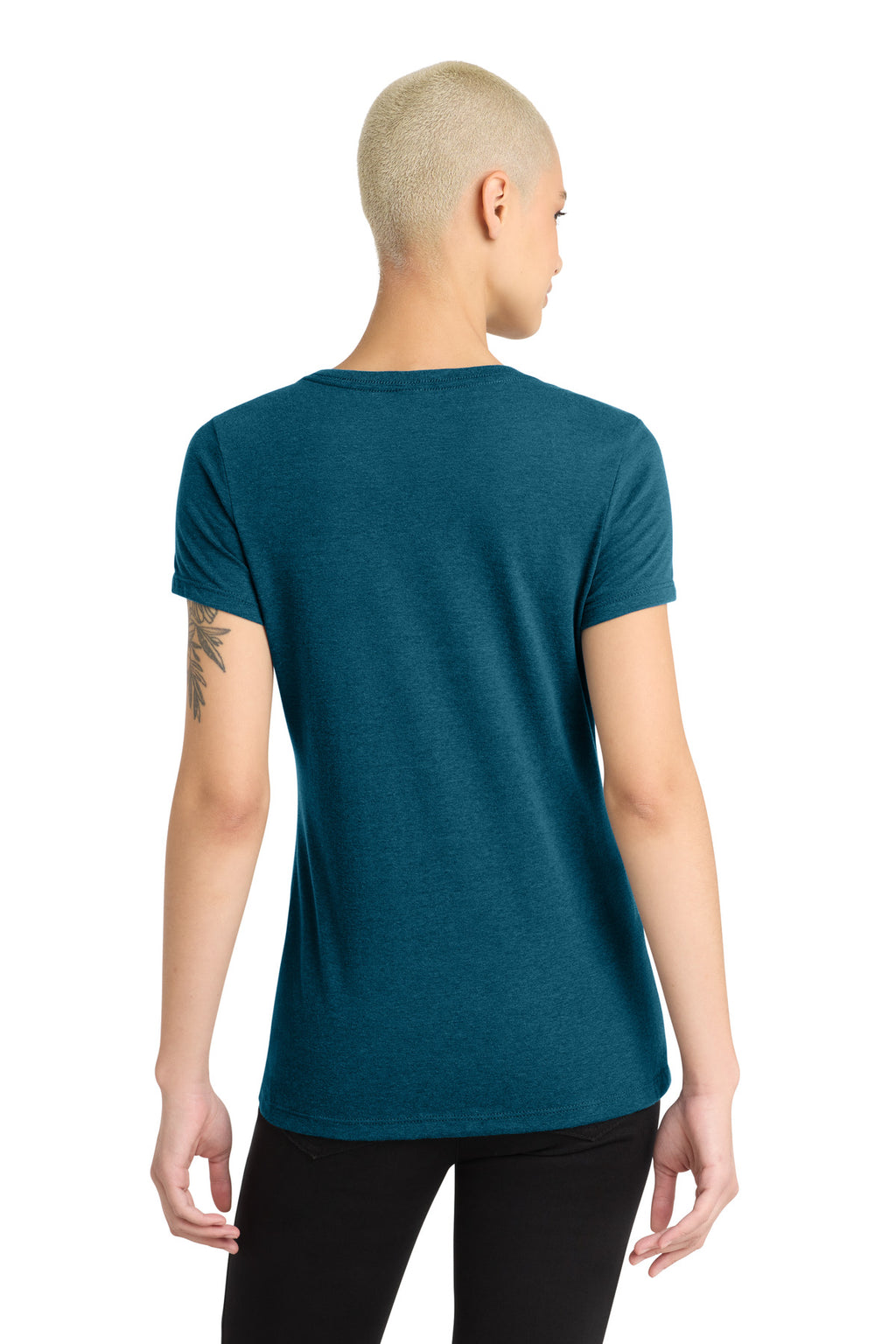 District Women's Perfect Blend CVC V-Neck Tee. DM1190L - Deep Turquoise Fleck - back