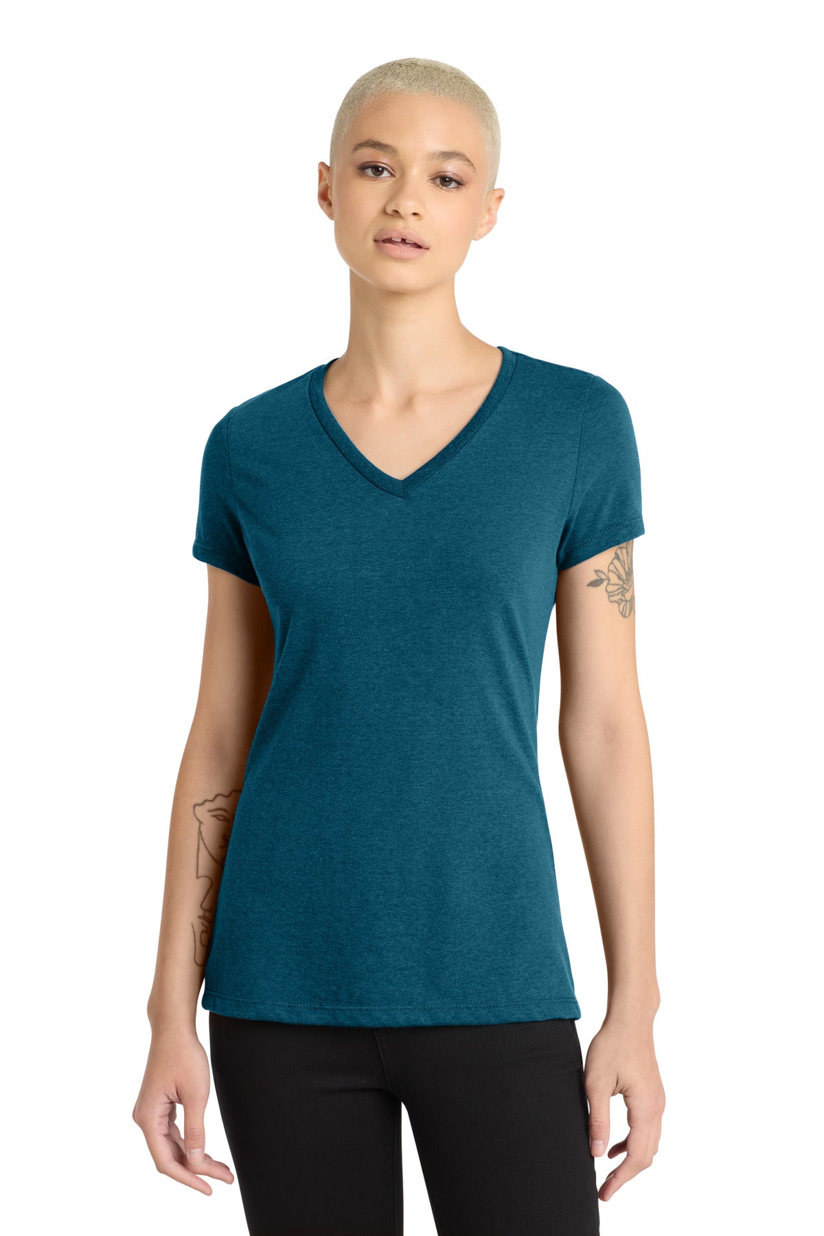 District Women's Perfect Blend CVC V-Neck Tee. DM1190L - Deep Turquoise Fleck - front