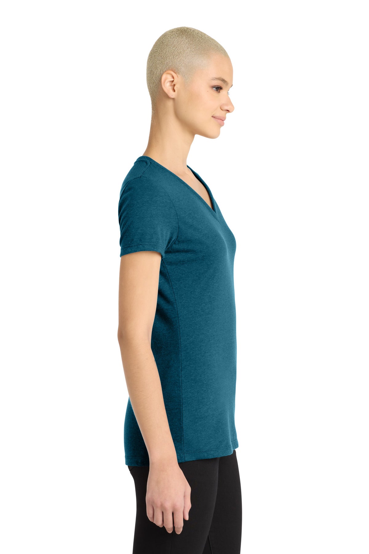 District Women's Perfect Blend CVC V-Neck Tee. DM1190L - Deep Turquoise Fleck - side