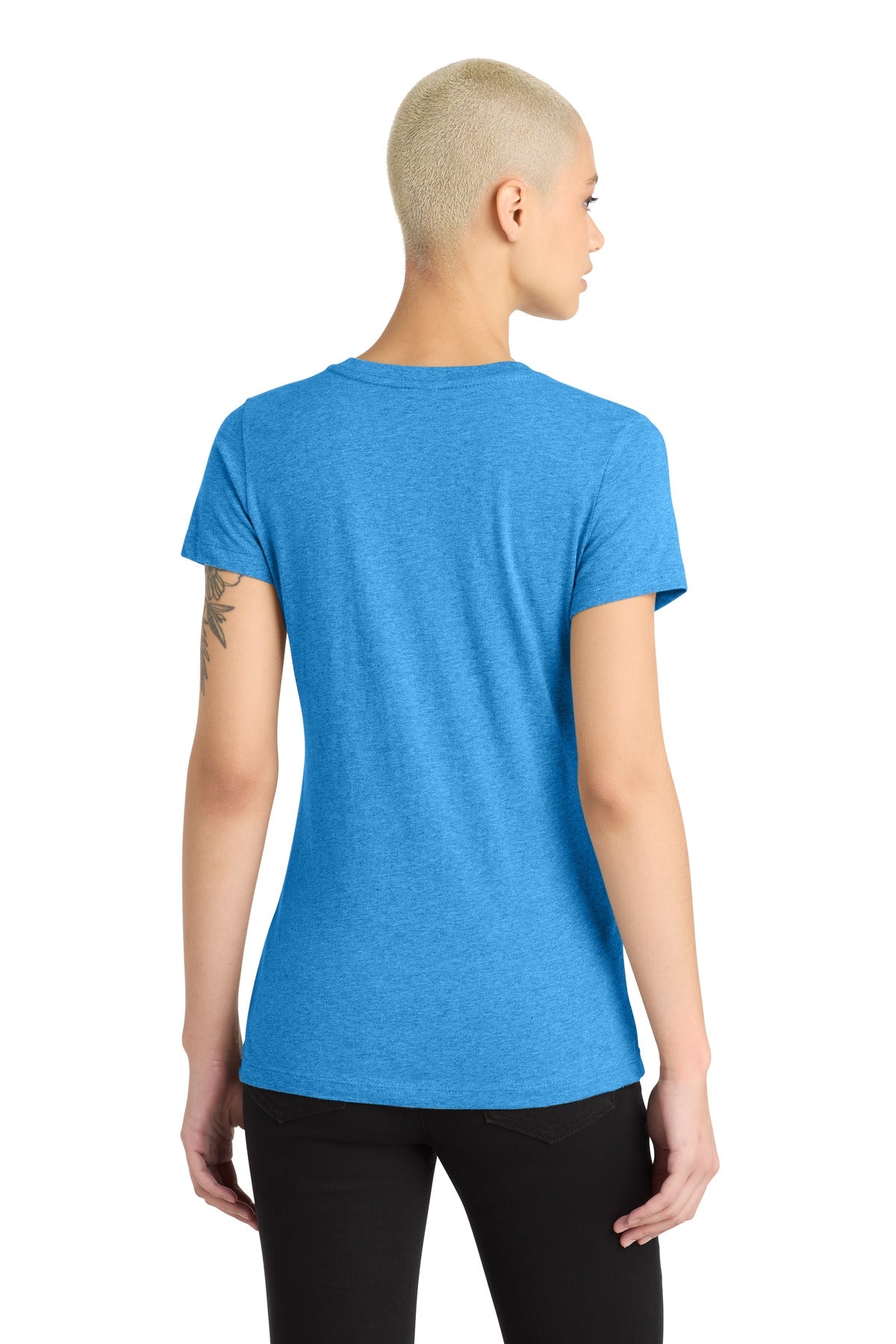 District Women's Perfect Blend CVC V-Neck Tee. DM1190L - Heathered Bright Turquoise - back