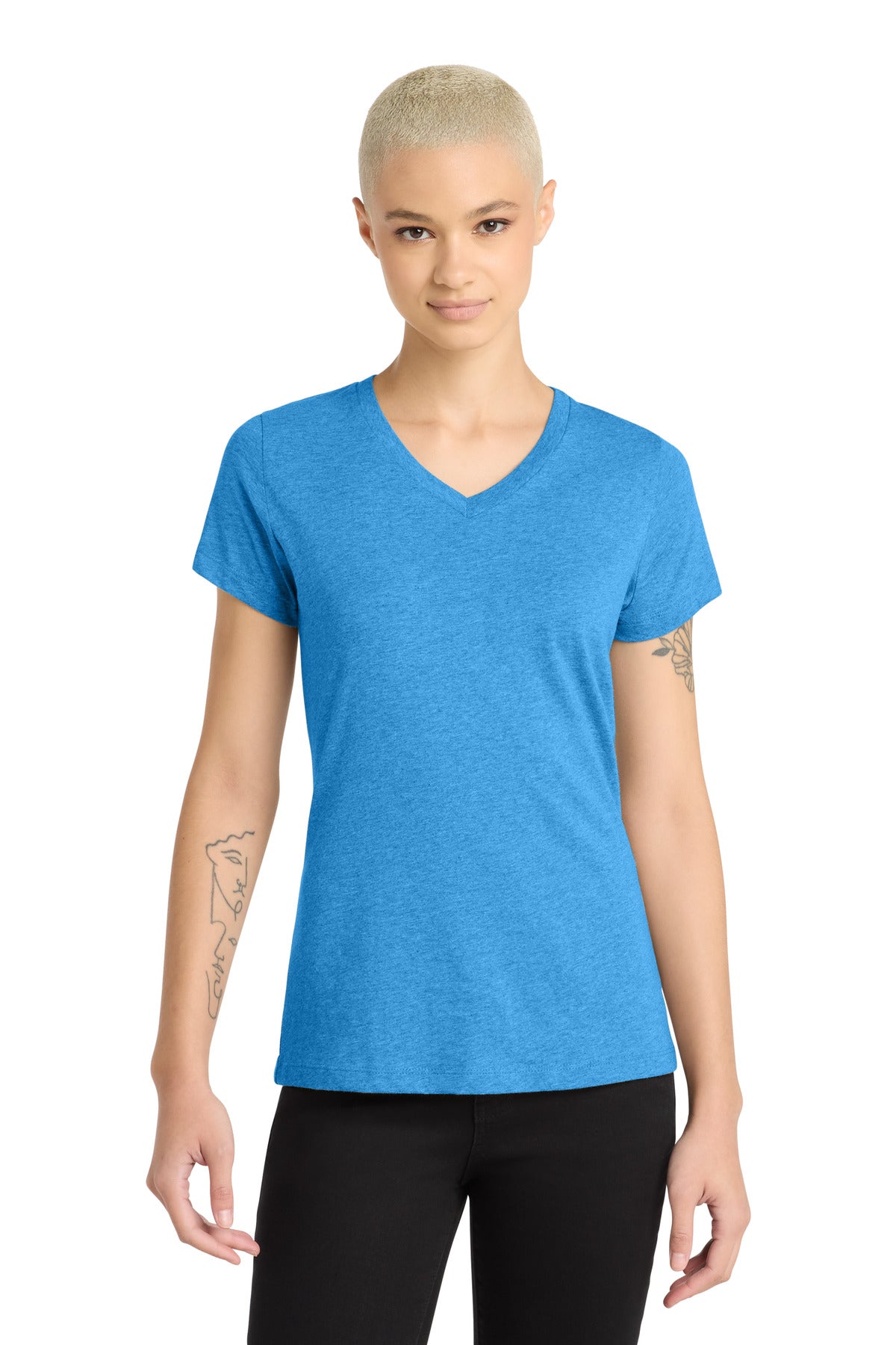 District Women's Perfect Blend CVC V-Neck Tee. DM1190L - Heathered Bright Turquoise - front