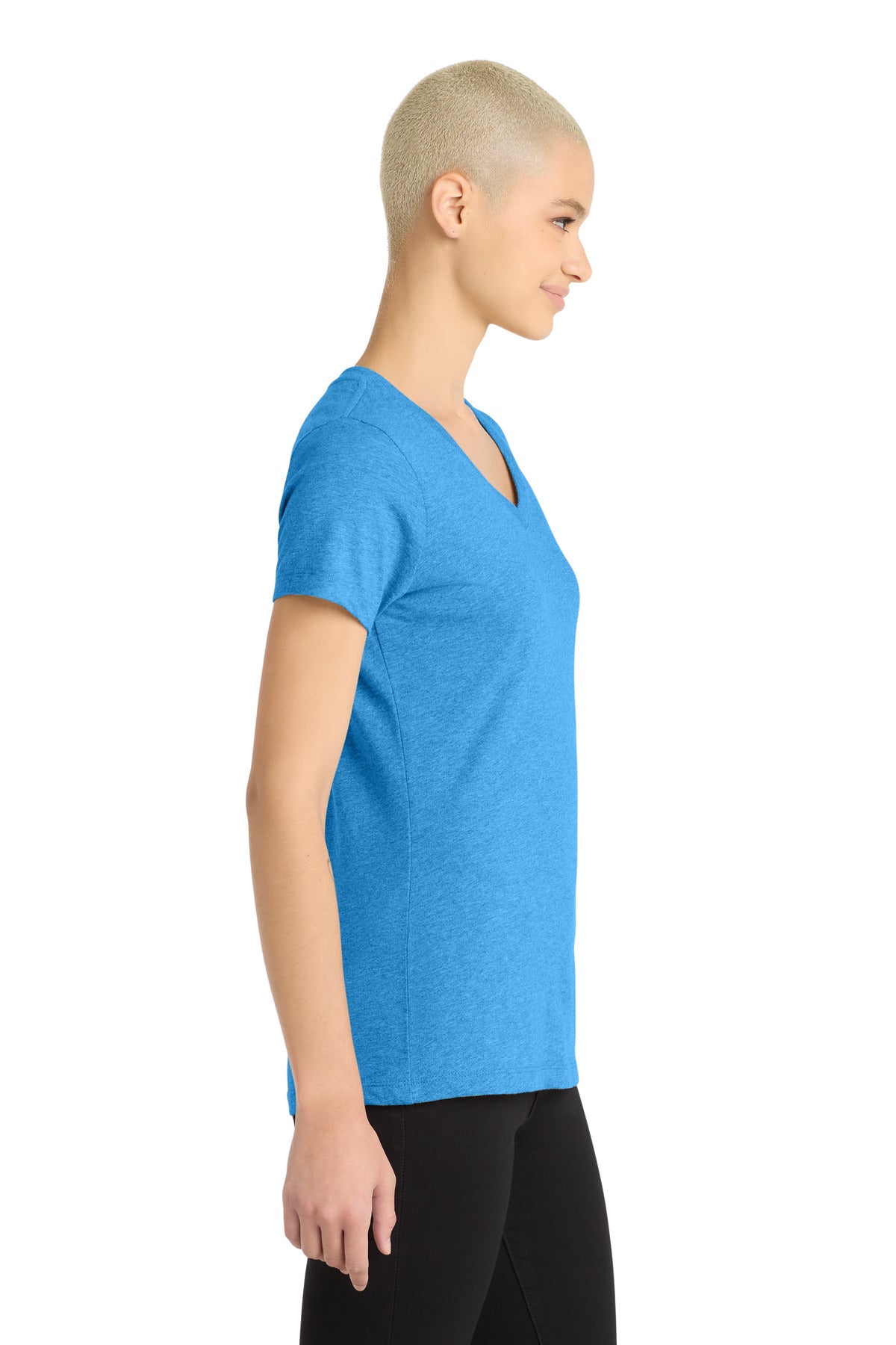 District Women's Perfect Blend CVC V-Neck Tee. DM1190L - Heathered Bright Turquoise - side