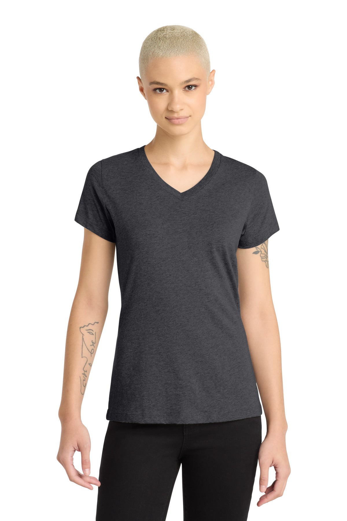 District Women's Perfect Blend CVC V-Neck Tee. DM1190L - Heathered Charcoal - front