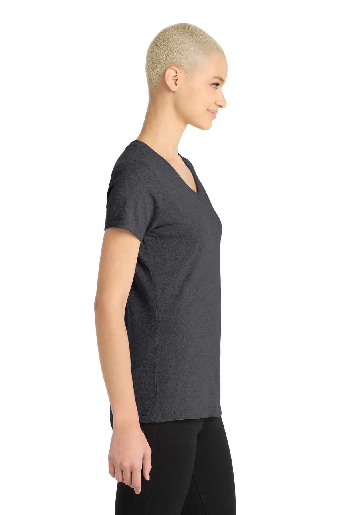 District Women's Perfect Blend CVC V-Neck Tee. DM1190L - Heathered Charcoal - side