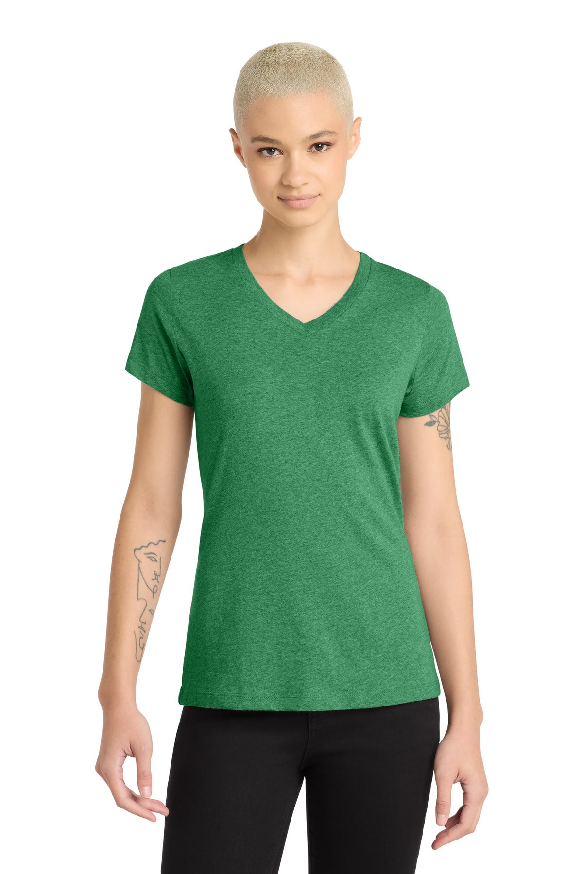 District Women's Perfect Blend CVC V-Neck Tee. DM1190L - Heathered Kelly Green - front