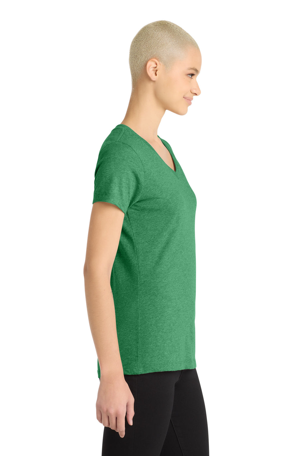 District Women's Perfect Blend CVC V-Neck Tee. DM1190L - Heathered Kelly Green - side