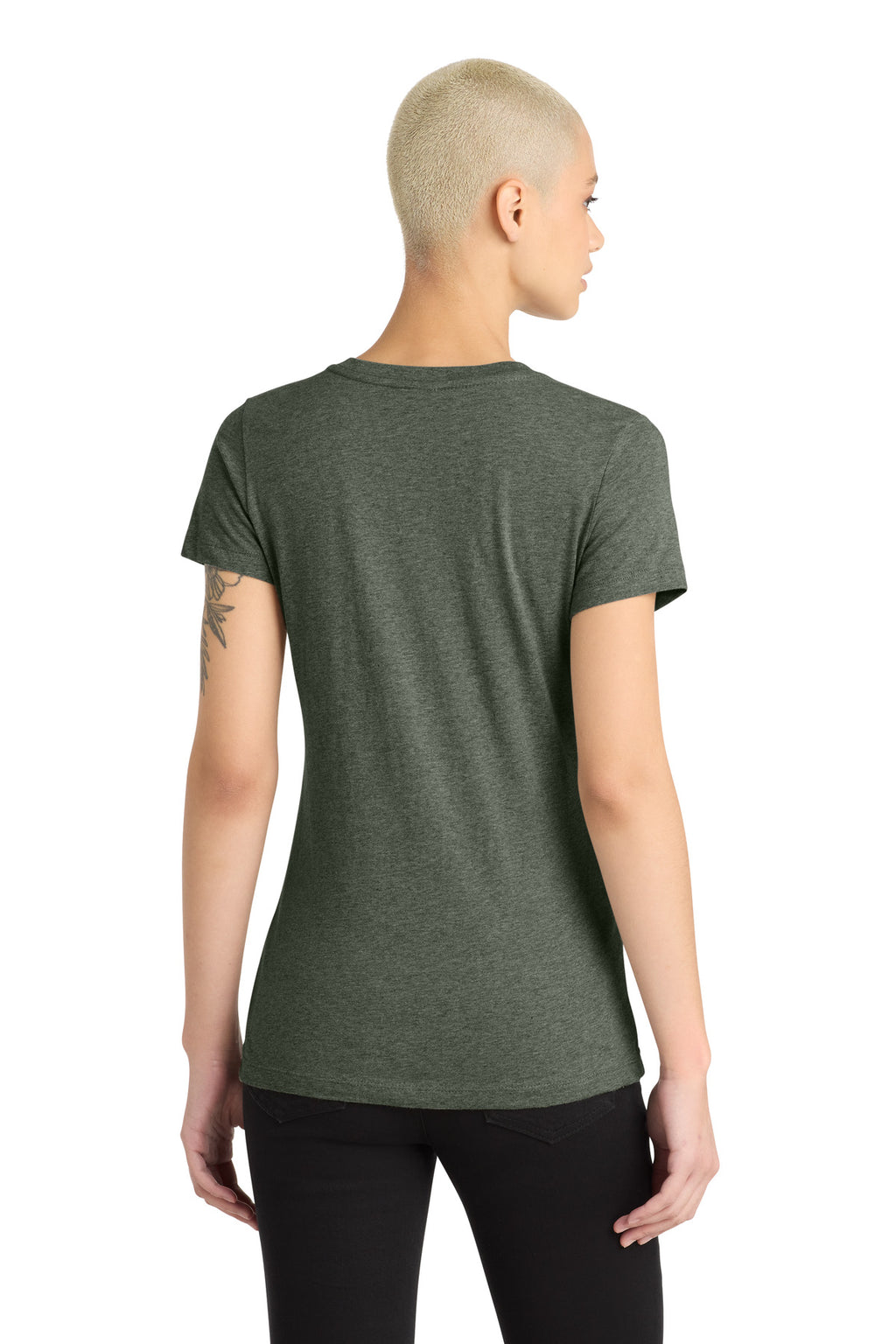 District Women's Perfect Blend CVC V-Neck Tee. DM1190L - Heathered Olive - back