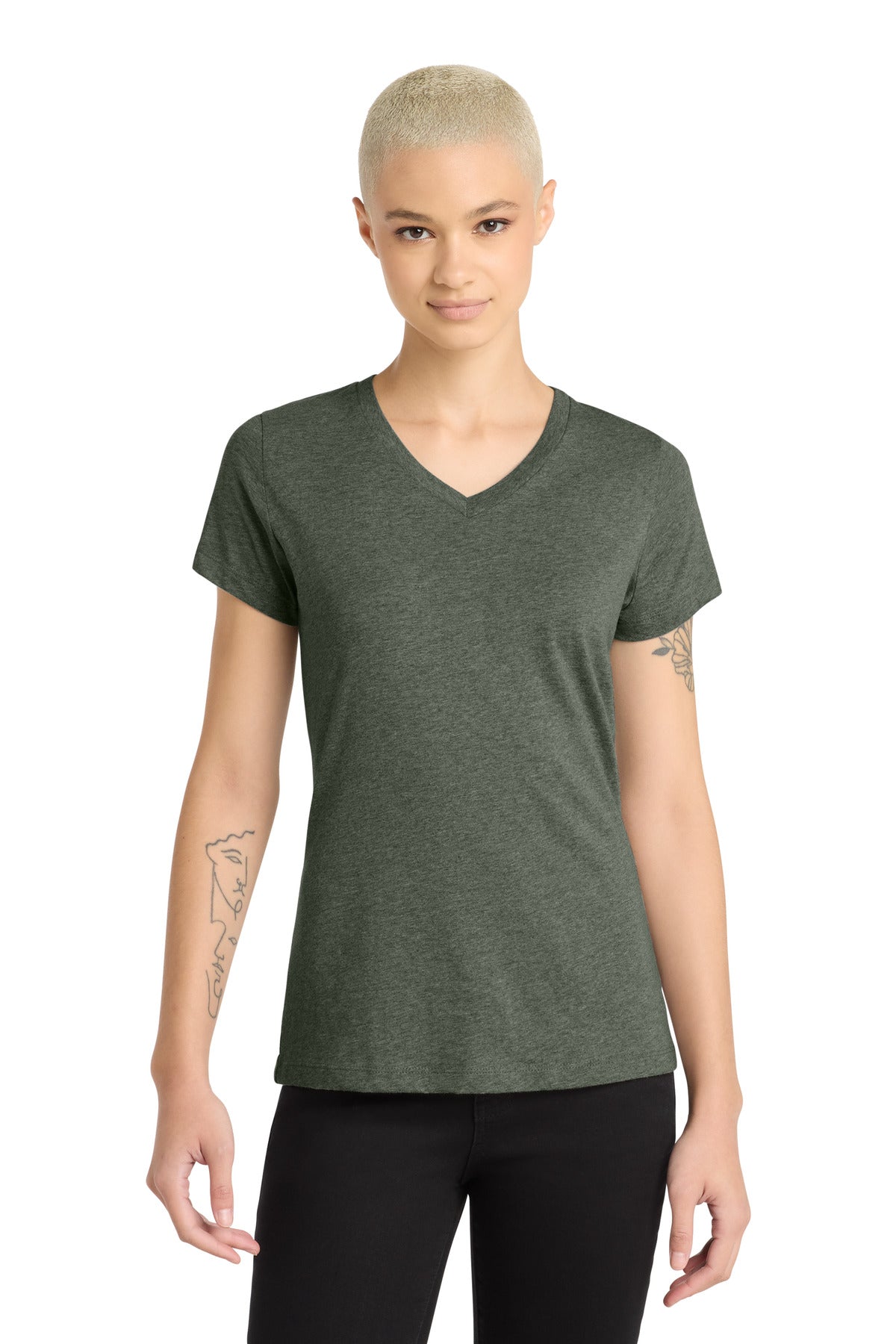 District Women's Perfect Blend CVC V-Neck Tee. DM1190L - Heathered Olive - front