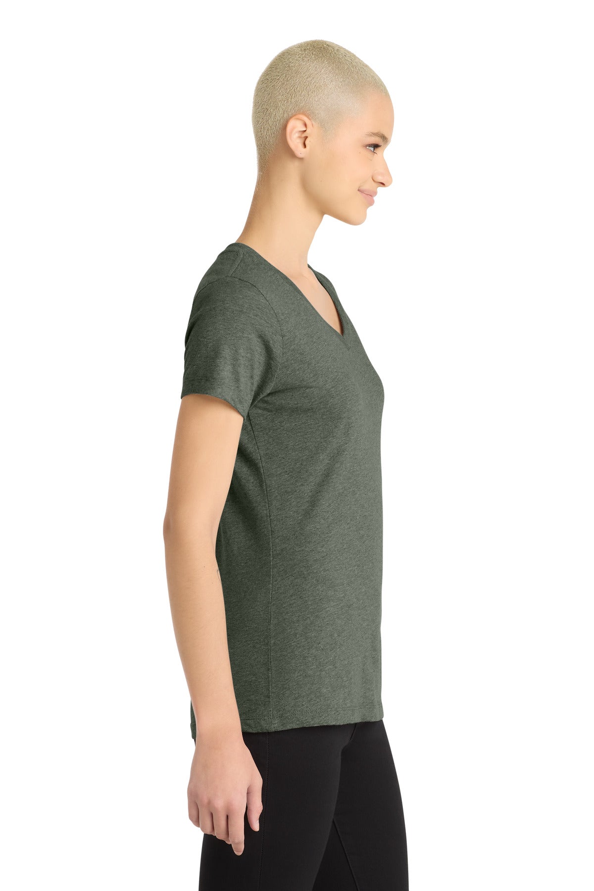 District Women's Perfect Blend CVC V-Neck Tee. DM1190L - Heathered Olive - side