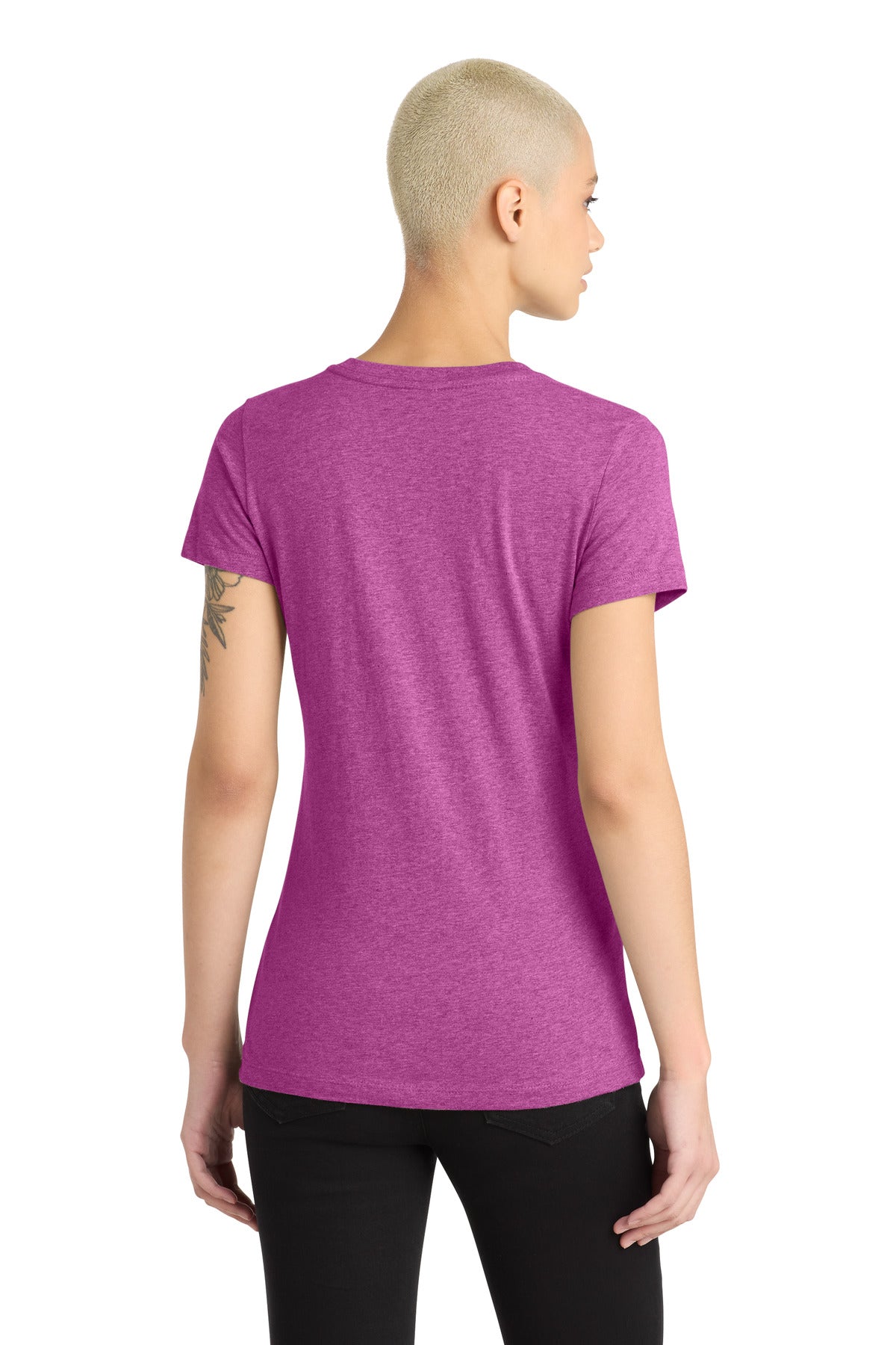 District Women's Perfect Blend CVC V-Neck Tee. DM1190L - Heathered Pink Raspberry - back