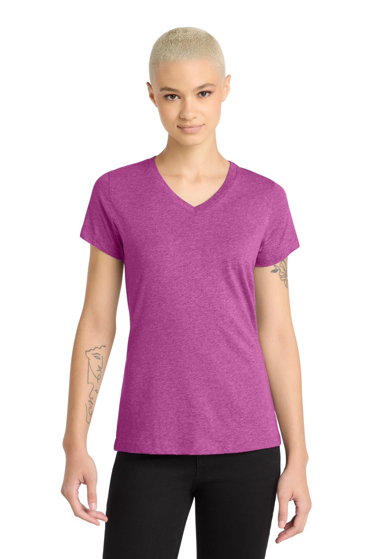 District Women's Perfect Blend CVC V-Neck Tee. DM1190L - Heathered Pink Raspberry - front