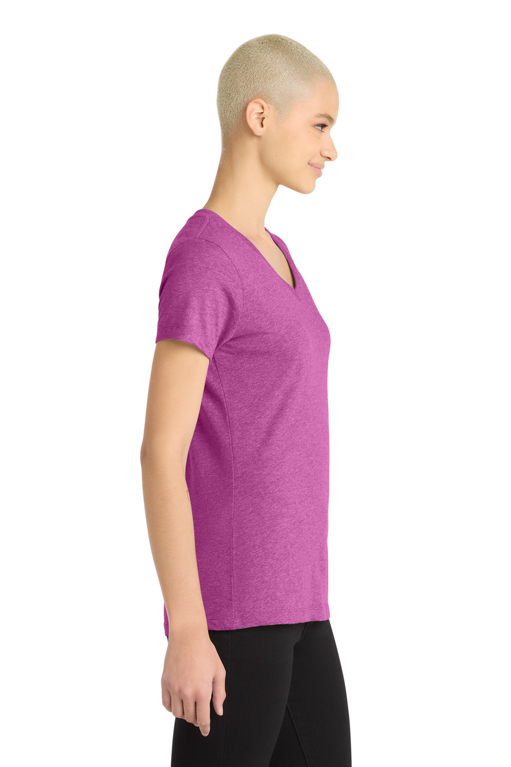 District Women's Perfect Blend CVC V-Neck Tee. DM1190L - Heathered Pink Raspberry - side
