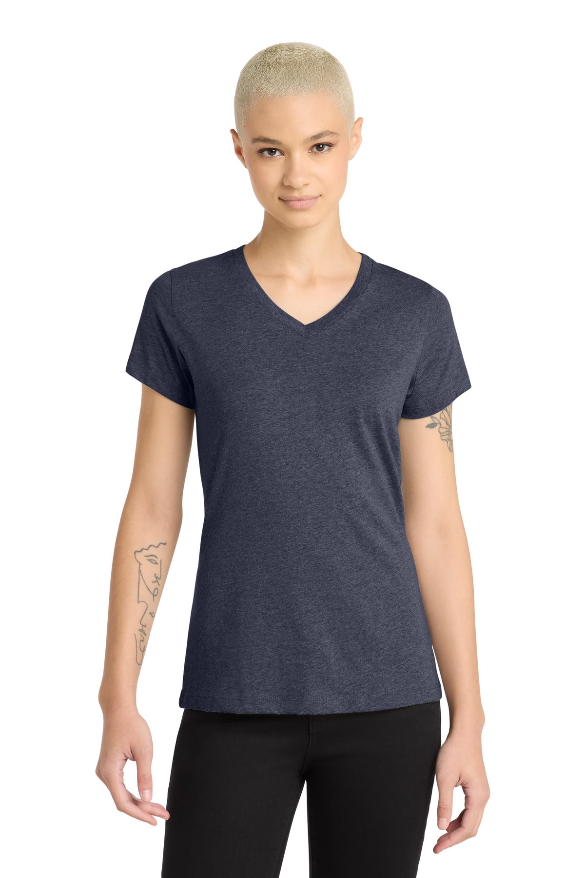 District Women's Perfect Blend CVC V-Neck Tee. DM1190L - Heathered Navy - front