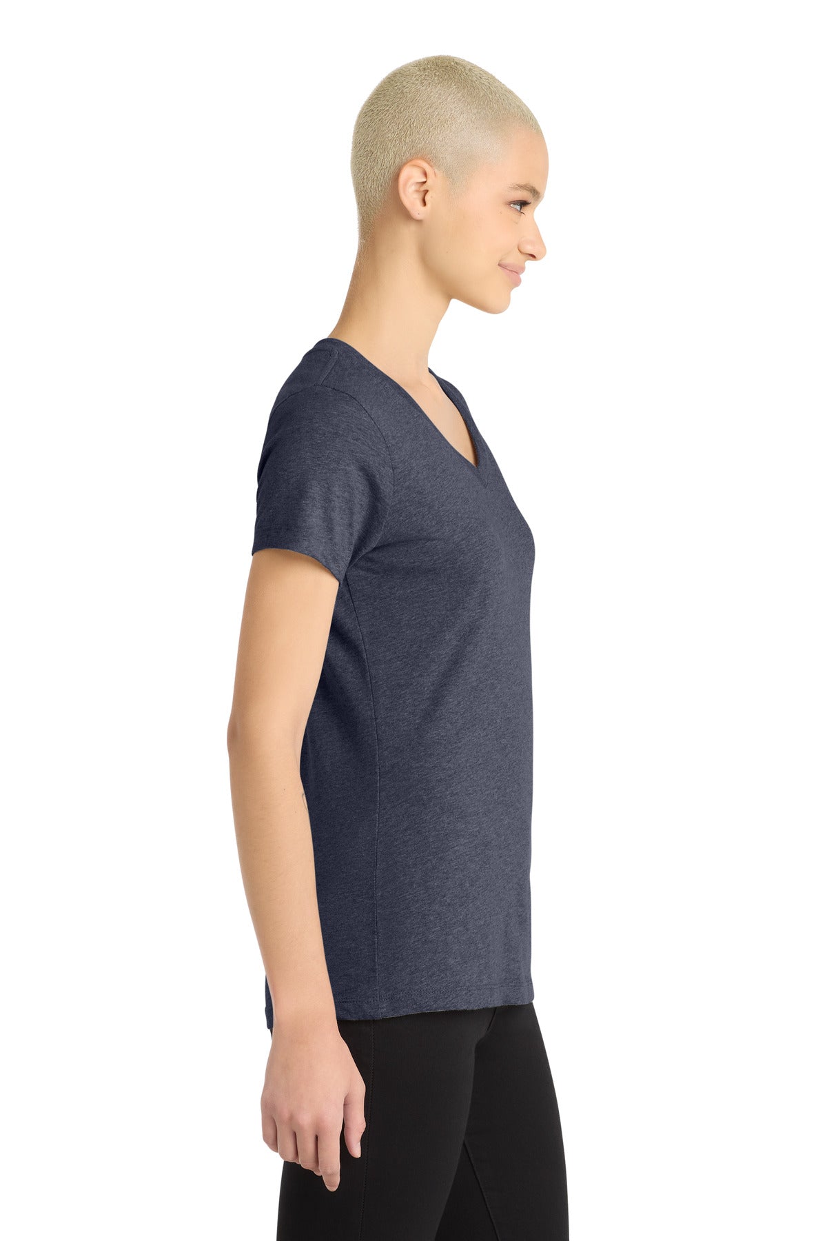 District Women's Perfect Blend CVC V-Neck Tee. DM1190L - Heathered Navy - side