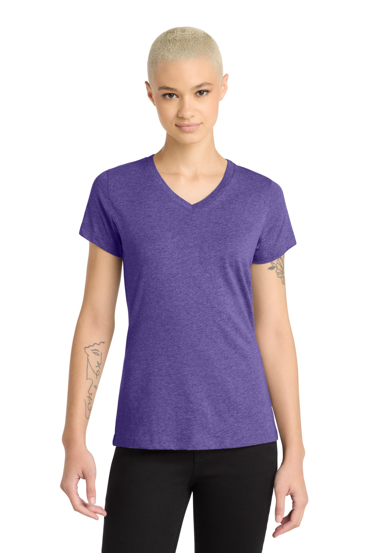 District Women's Perfect Blend CVC V-Neck Tee. DM1190L - Heathered Purple - front