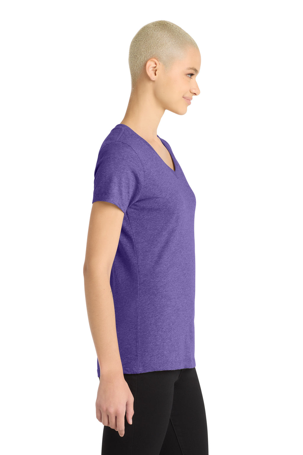 District Women's Perfect Blend CVC V-Neck Tee. DM1190L - Heathered Purple - side