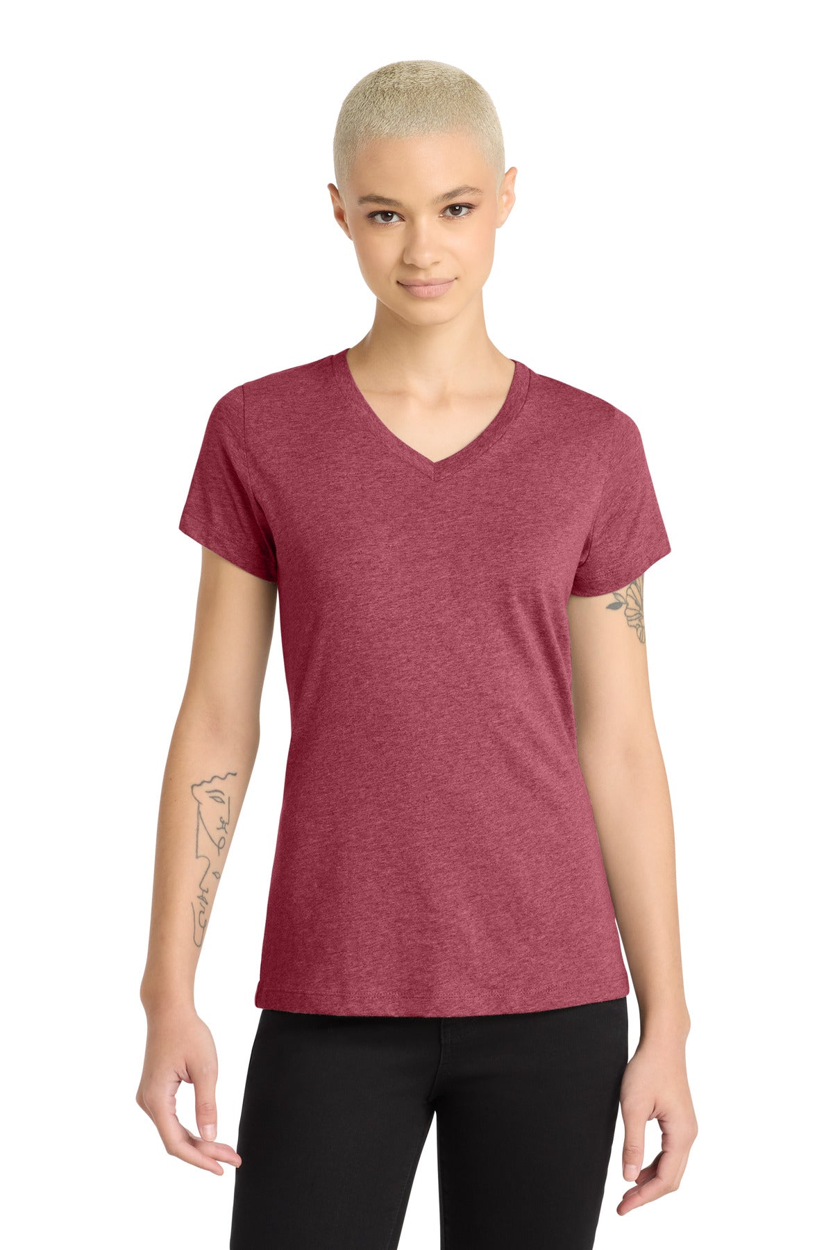 District Women's Perfect Blend CVC V-Neck Tee. DM1190L - Heathered Red - front