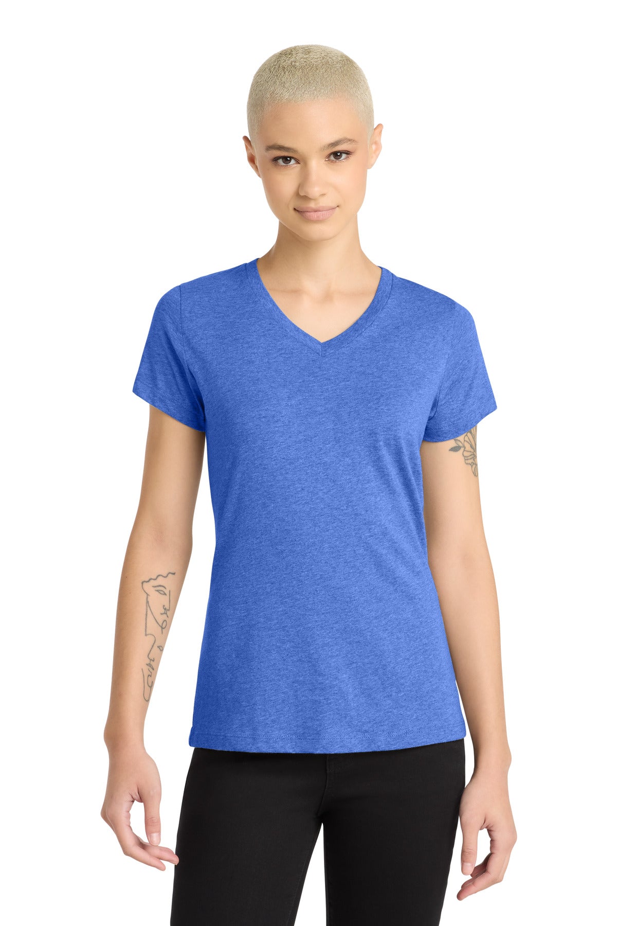 District Women's Perfect Blend CVC V-Neck Tee. DM1190L - Heathered Royal - front